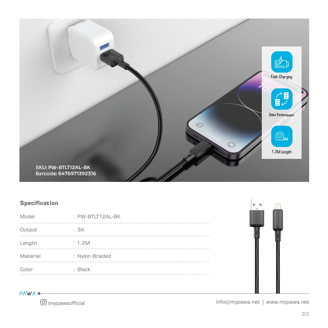 PAWA 3A USB A TO LIGHTNING QUICK CHARGING BRAIDED CABLE 1.2M PW122 BLACK PW-BTLT12AL-BK thumbnail 4