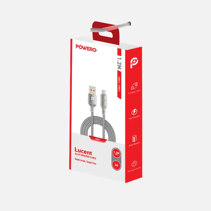POWERO PLUS LUCENT ALLOY BRAIDED CABLE WITH INDICATOR USB A TO TYPE C 1.2M GREY PR-LCBD12AC-GY