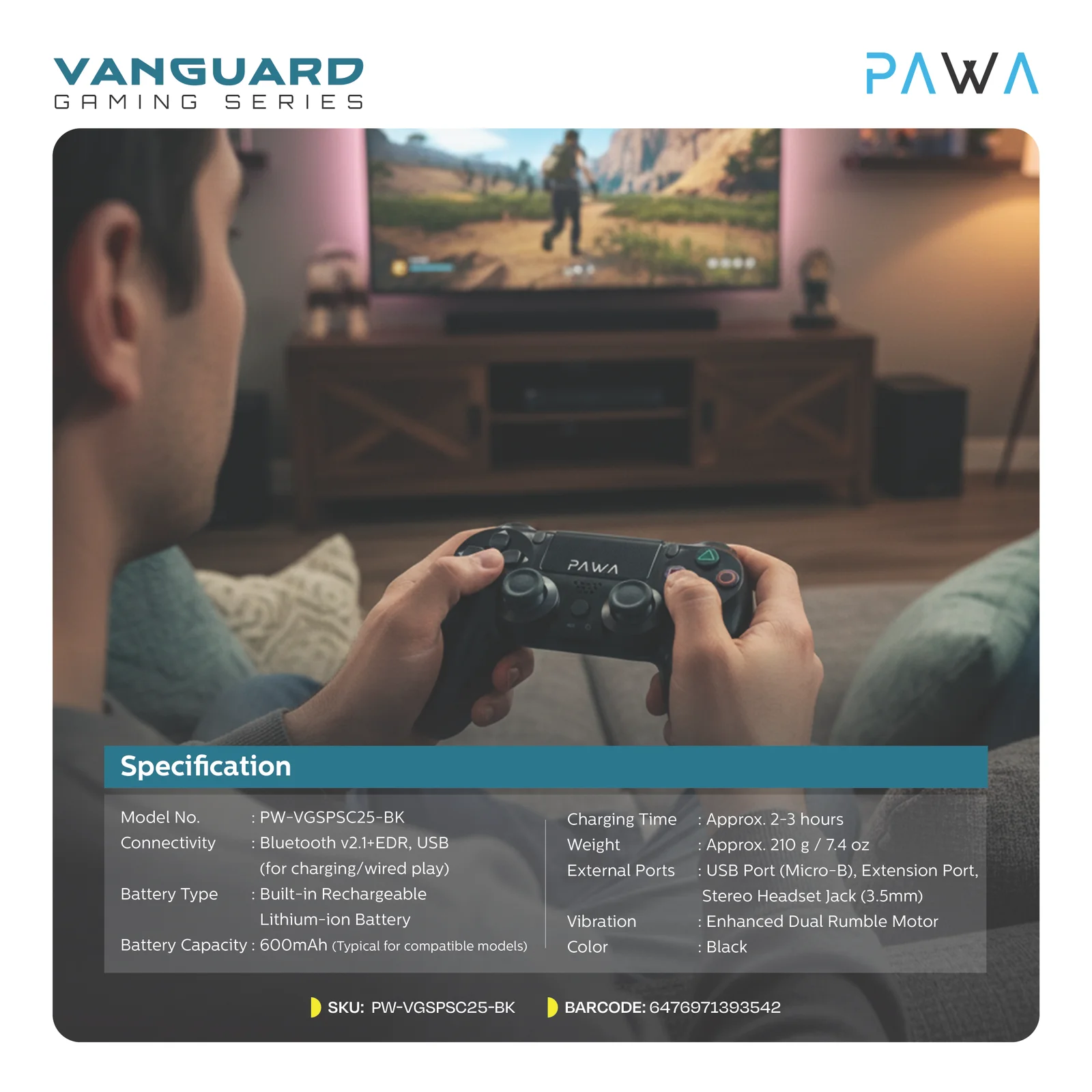 PAWA VANGUARD GAMING SERIES PS4 WIRELESS CONTROLLER BT+USB BLACK PW-VGSPC25-BK thumbnail 4