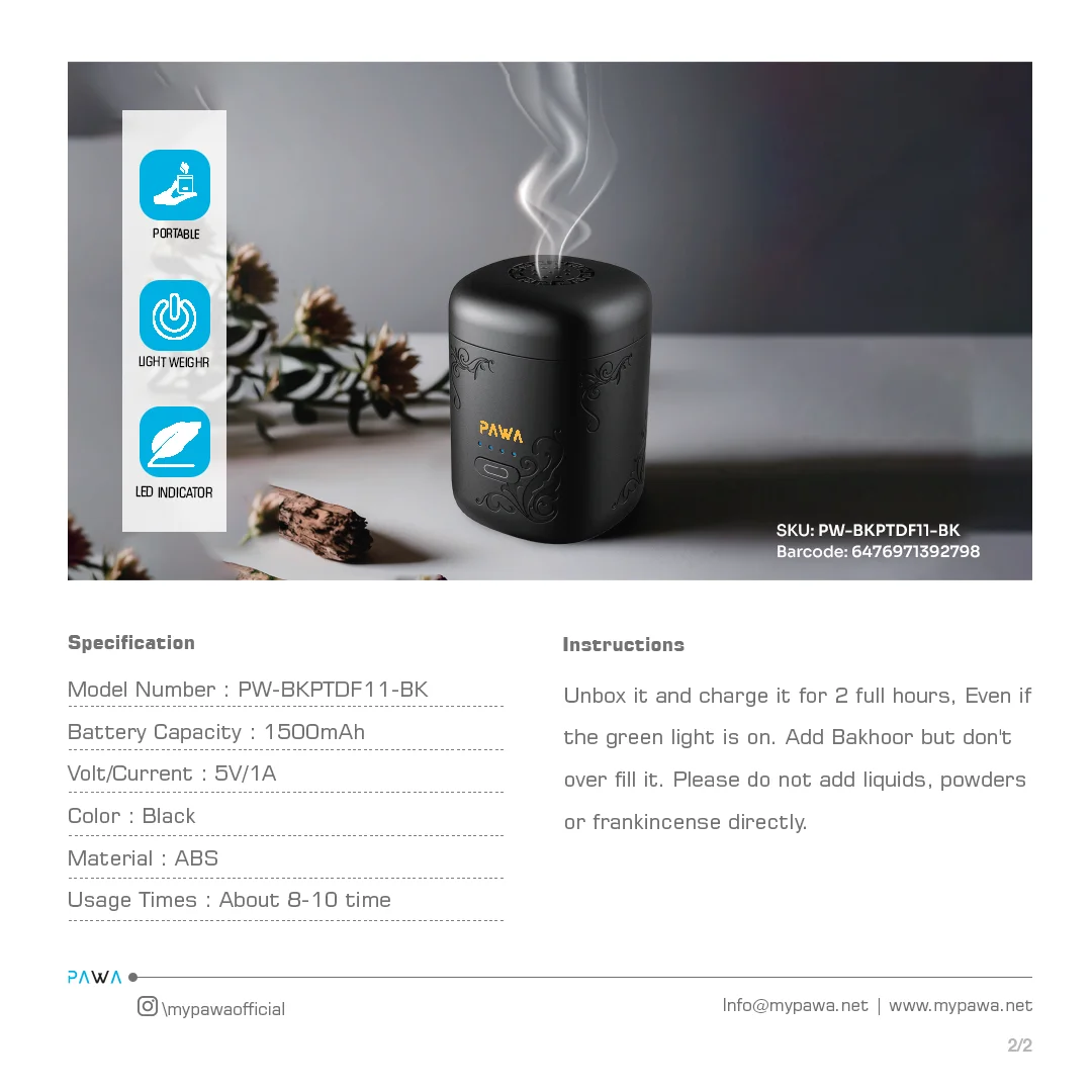 PAWA AMBER PORTABLE BAKHOOR BLACK PW-BKPTDF11-BK thumbnail 4