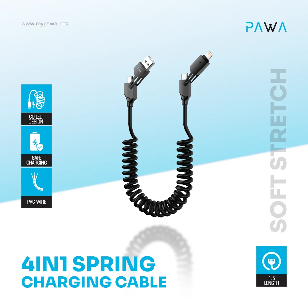 PAWA 4 IN 1 60W SPRING CHAGING CABLE 1.5M BLACK CL41SPR1-BK thumbnail 3
