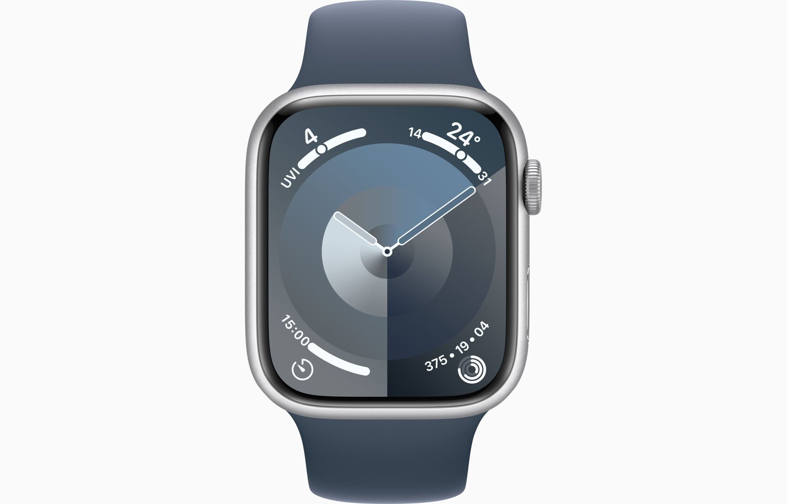 APPLE WATCH SERIES 9 GPS 45MM SILVER ALUMINIUM CASE WITH STORM BLUE SPORT BAND thumbnail 2