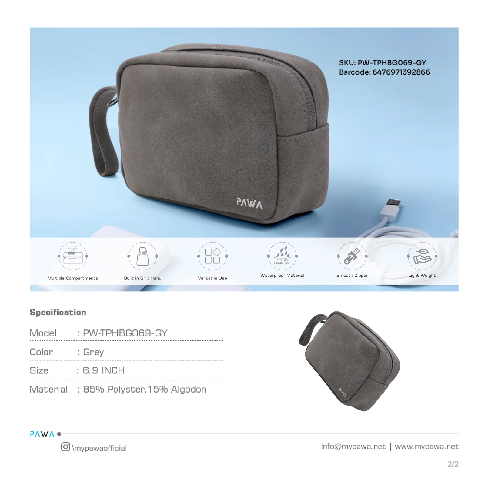 PAWA BELLO TRAVEL POUCH GRAY PW-TPHBG069-GY thumbnail 3