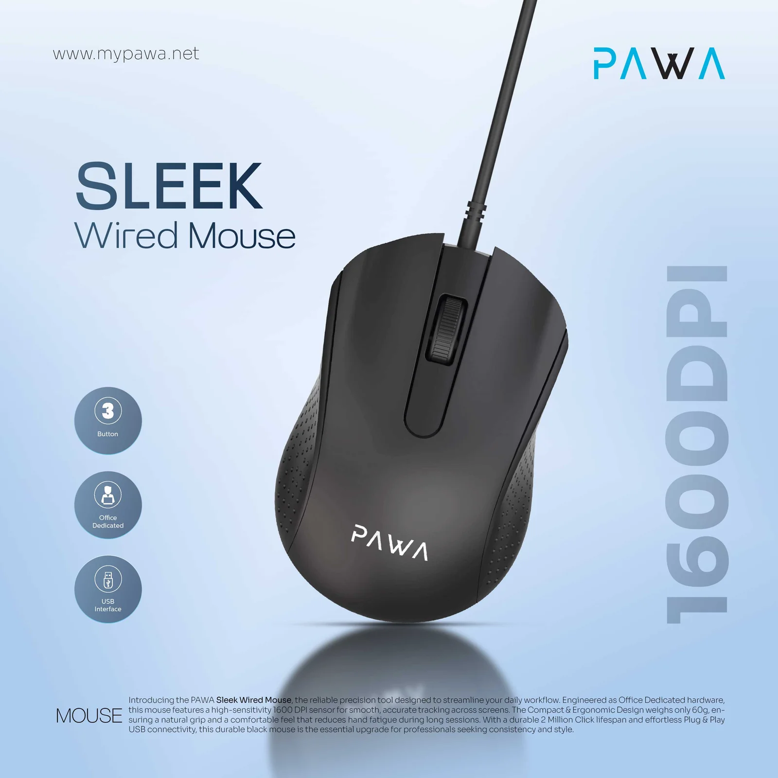PAWA SLEEK WIRED MOUSE 1200DPI BLACK PW-MWN2TC20-BK thumbnail 2