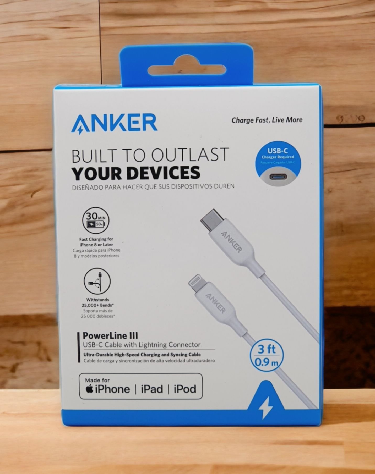 ANKER POWERLINE III USB-C TO LIGHTNING 2.0 CABLE 3FT WHITE/BLACK thumbnail 3