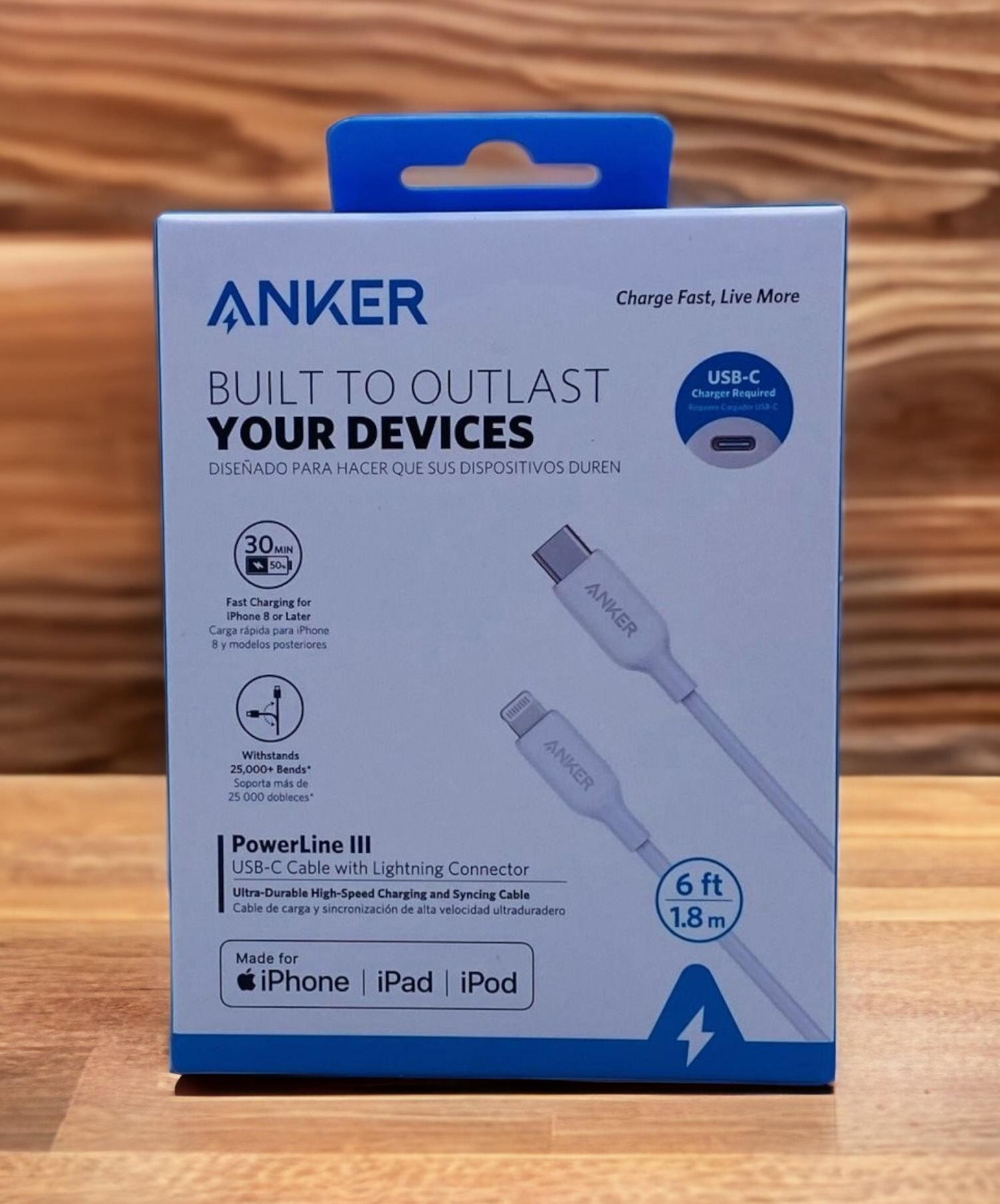 ANKER POWERLINE III USB-C TO LIGHTNING 2.0 CABLE 6FT BLACK/WHITE thumbnail 3