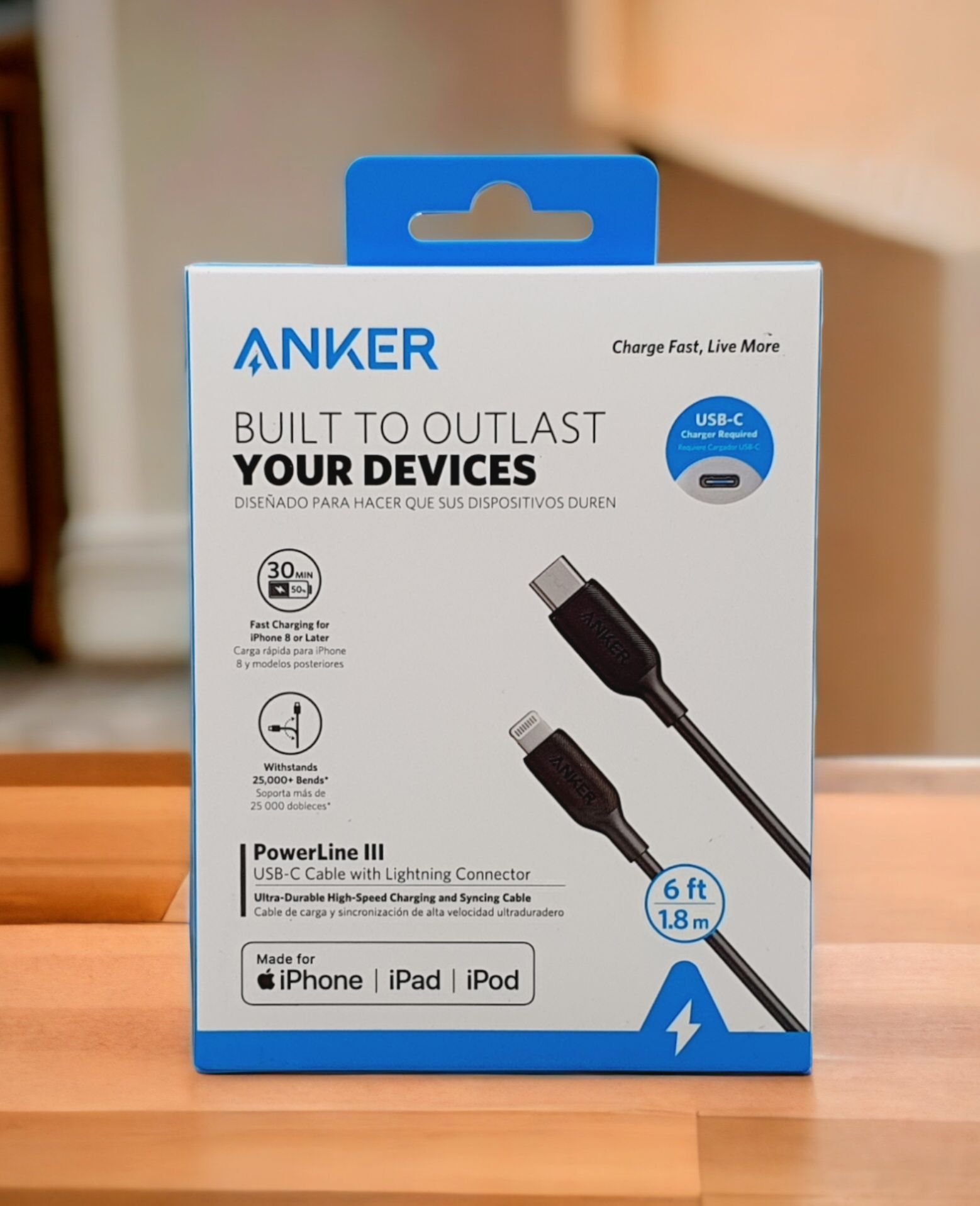 ANKER POWERLINE III USB-C TO LIGHTNING 2.0 CABLE 6FT BLACK/WHITE thumbnail 2