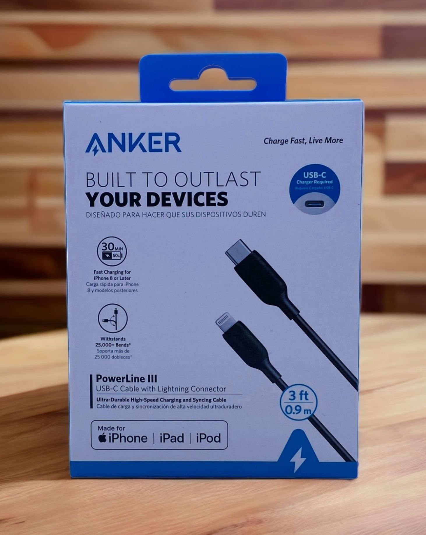 ANKER POWERLINE III USB-C TO LIGHTNING 2.0 CABLE 3FT WHITE/BLACK thumbnail 2