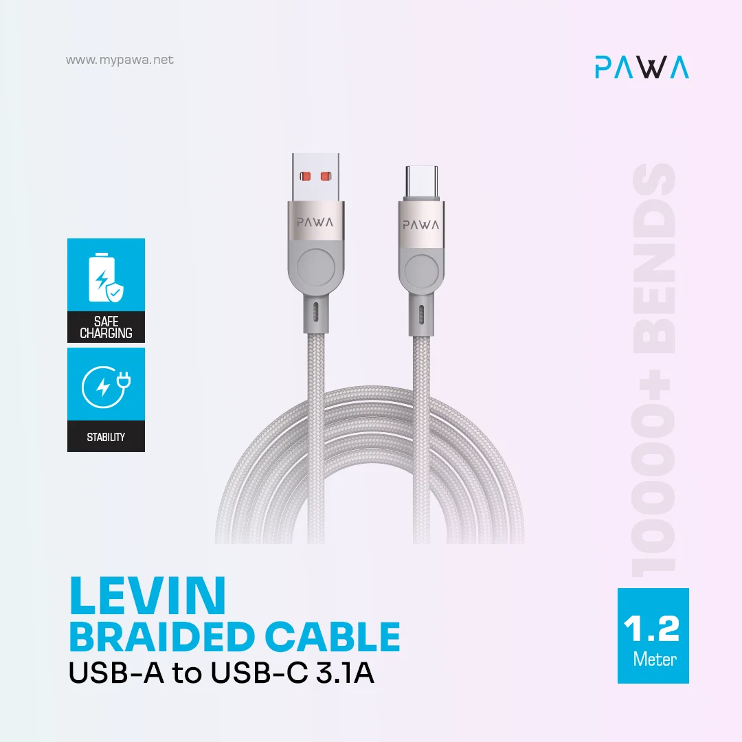 PAWA LEVIN USB A TO TYPE C 3.1A BRAIDED CABLE 1.2M GREY TITANIUM PW-12BDC251-GYTT thumbnail 3