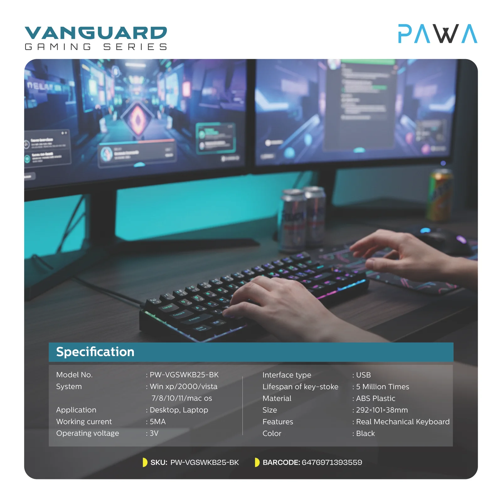 PAWA VANGUARD GAMING SERIES PROFESSIONAL GAMING MECHANICAL WIRED KEYBOARD BLACK PW-VGSWKB25-BK thumbnail 3