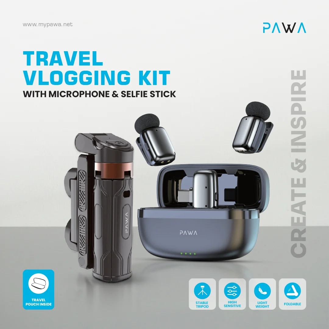 PAWA TRAVEL VLOGGING KIT WITH MICROPHONE AND SELFIE STICK BLACK PW-SLST6015 thumbnail 6