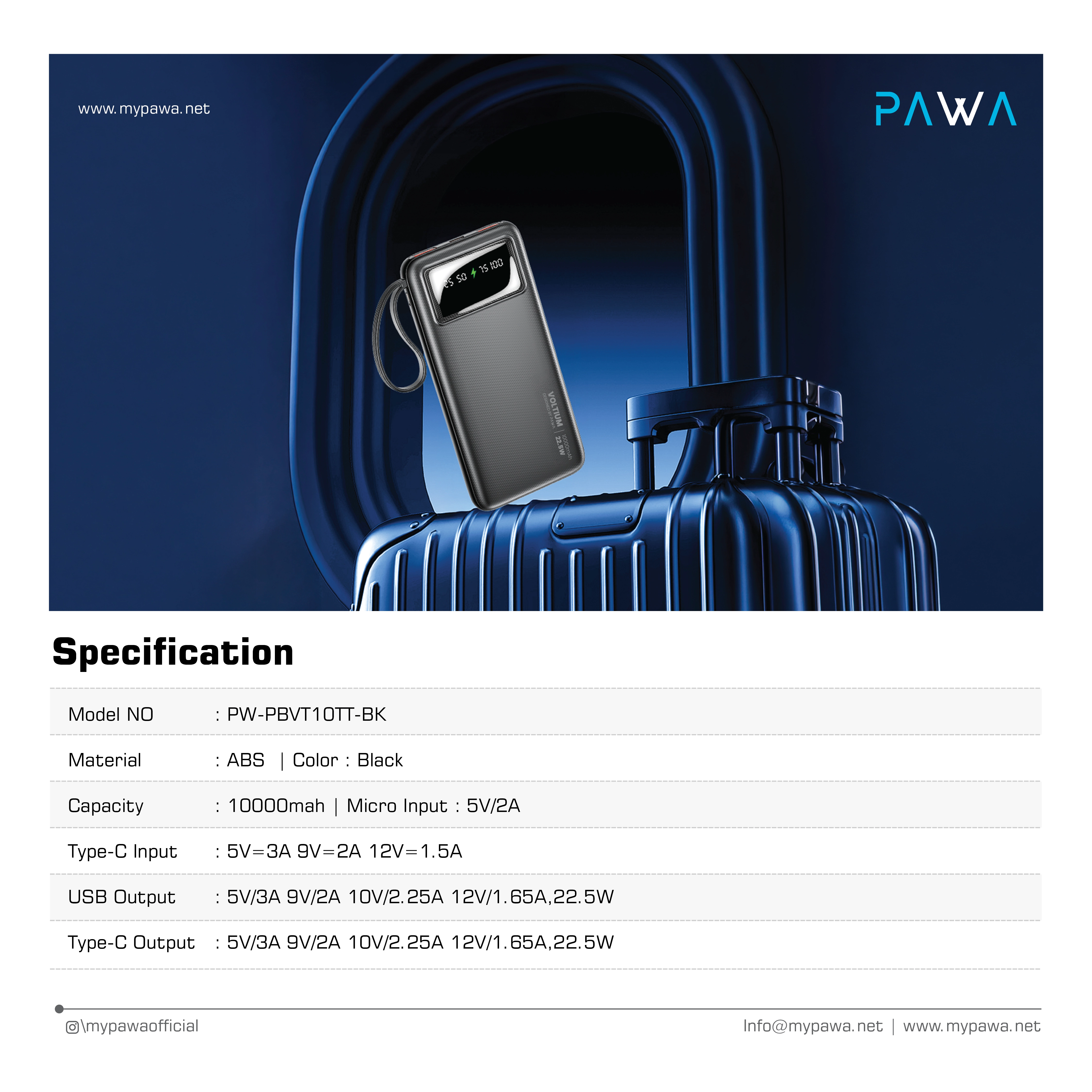 PAWA LITE VOLTIUM 10000MAH CAPACITY POWER BANK 22.5W BLACK PW-PBVT10TT-BK thumbnail 4
