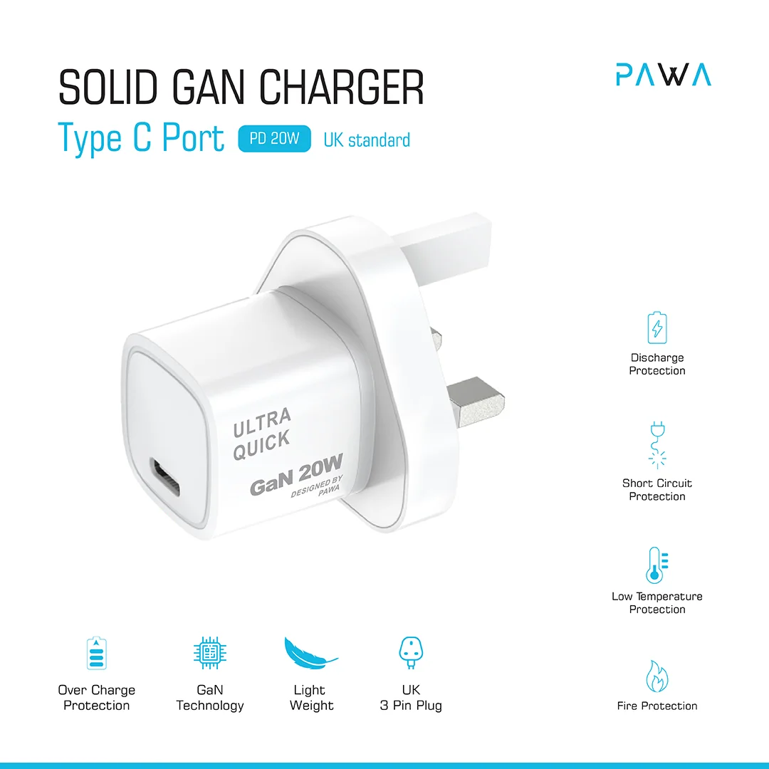 PAWA SOLID GAN CHARGER TYPE C PORT PD20W UK STANDARD WHITE PW-GN20UK-WH thumbnail 2