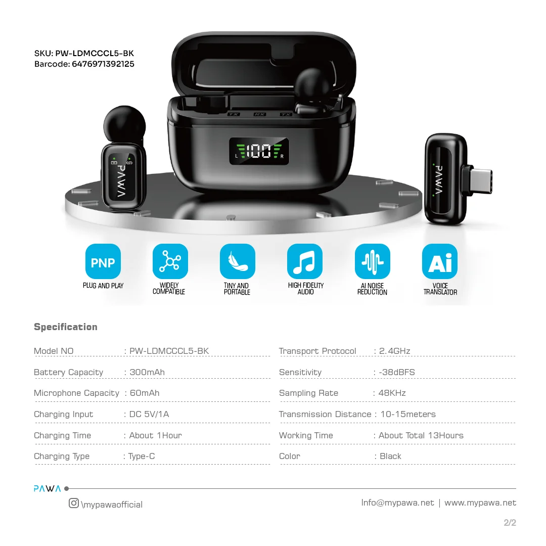 PAWA MIKE M6 MICROPHONE WITH AI VOICE TRANSLATOR BLACK PW-LDMCCCL5-BK thumbnail 5