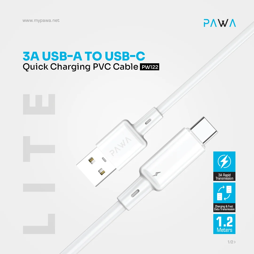 PAWA 3A USB A TO TYPE C QUICK CHARGING PVC CABLE 1.2M PW122 WHITE PW-BDC312AT-WH thumbnail 4