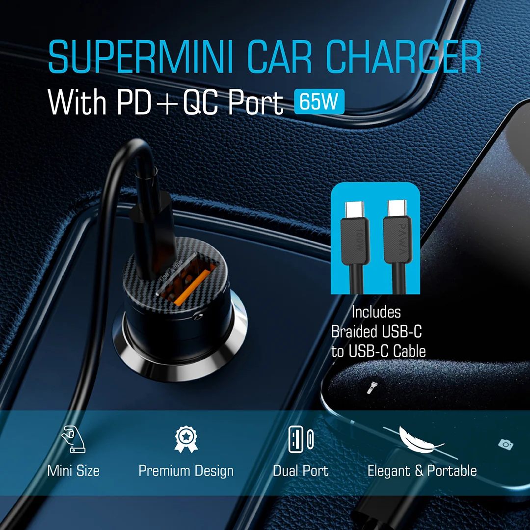 PAWA SUPERMINI CAR CHARGER WITH PD+QC PORT 65W BRAIDED USB C TO USB C CABLE BLACK PW-PDTCN65T-BK thumbnail 3