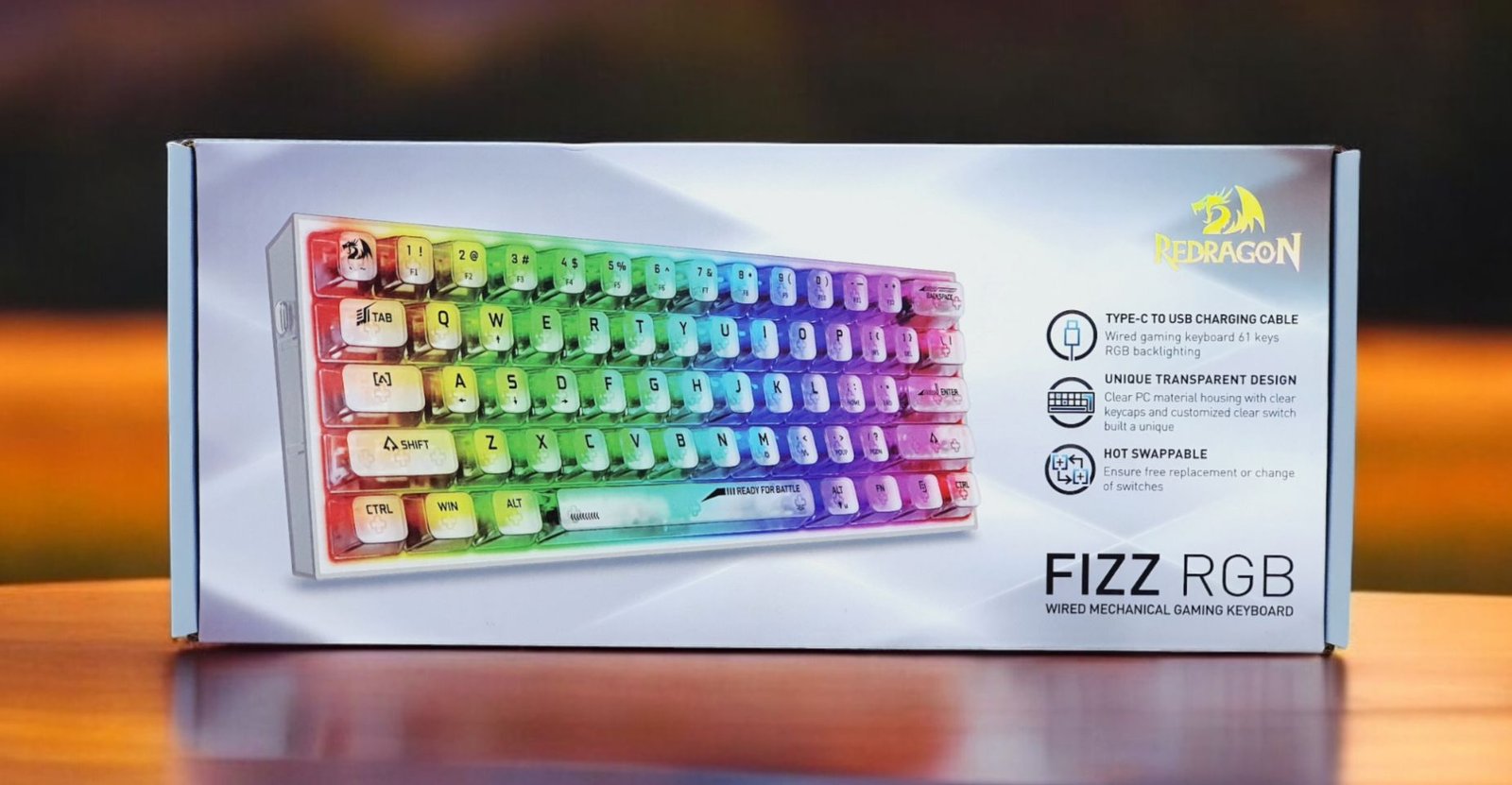 Redragon Fizz 60% Wired RGB Mechanical Gaming Keyboard (White Transparent, K617CT-RGB) - Compact Design with Customizable Lighting thumbnail 3