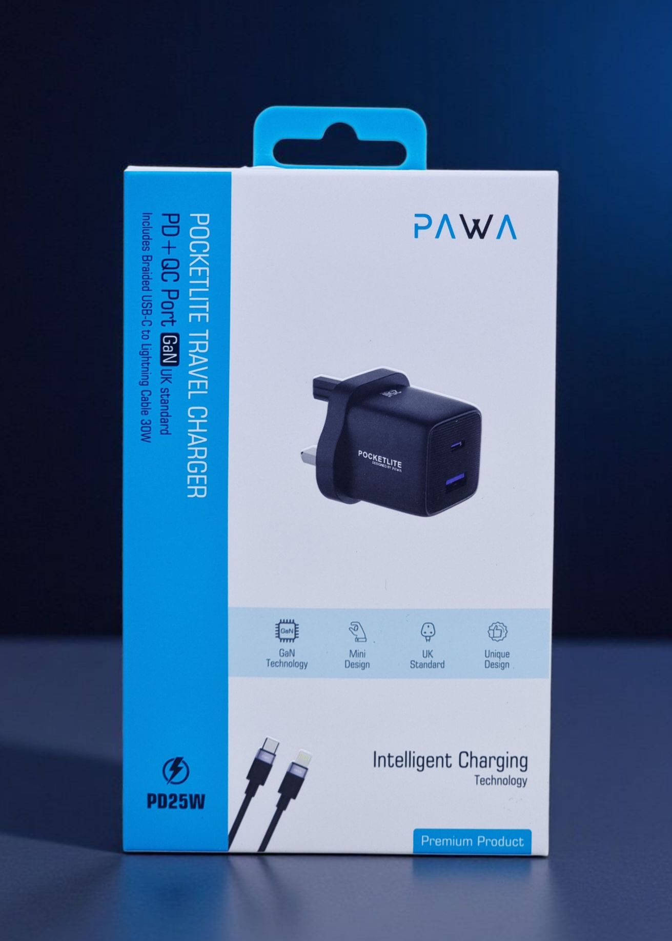 PAWA POCKETLITE TRAVEL CHARGER PD+QC PORT GAN UK STANDARD PD25W BLACK PW-PL1U1PUK-BK