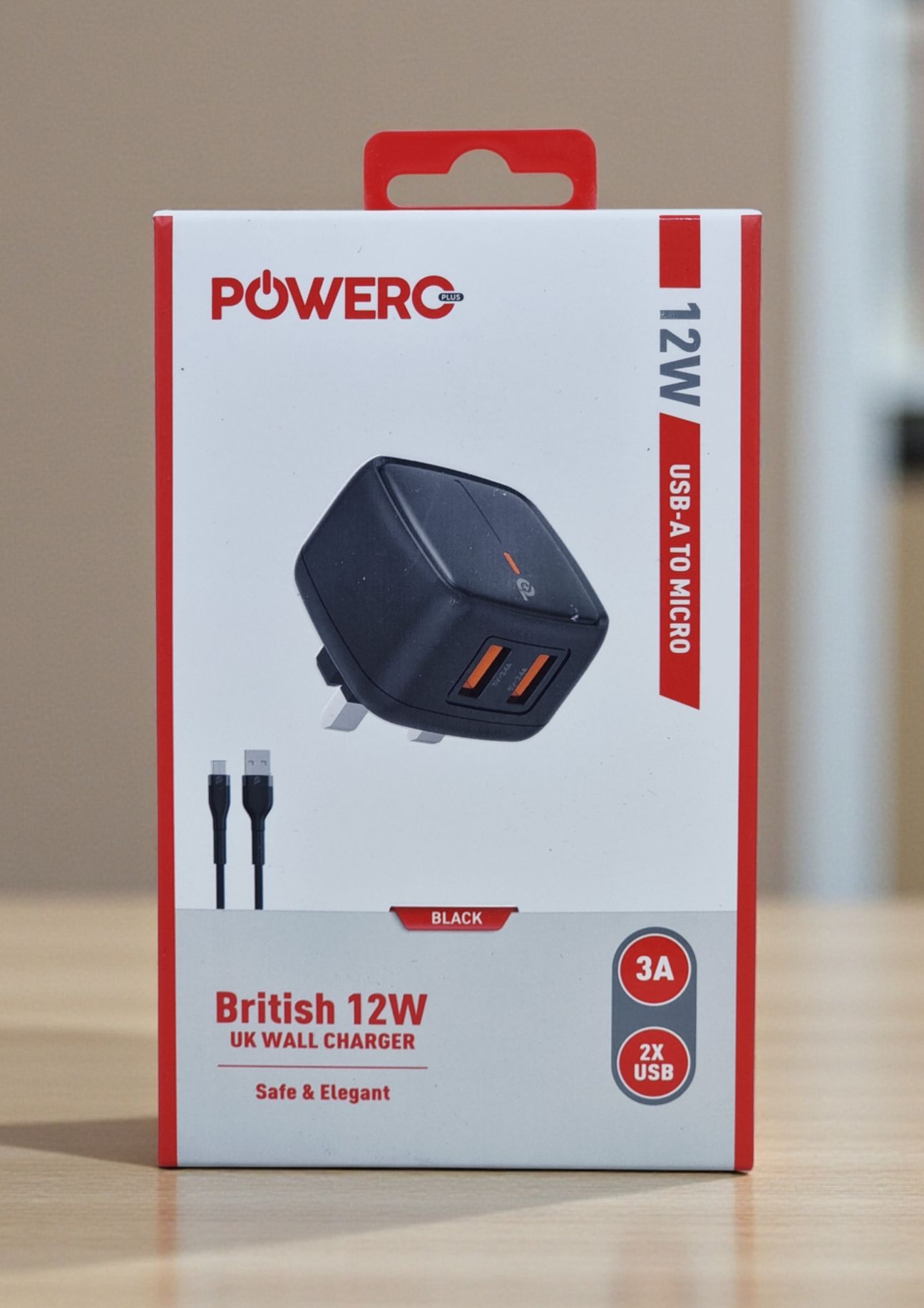 POWERO PLUS BRITISH 12W USB A TO MICRO UK WALL CHARGER 3A BLACK PR-TC24UKAM-BK