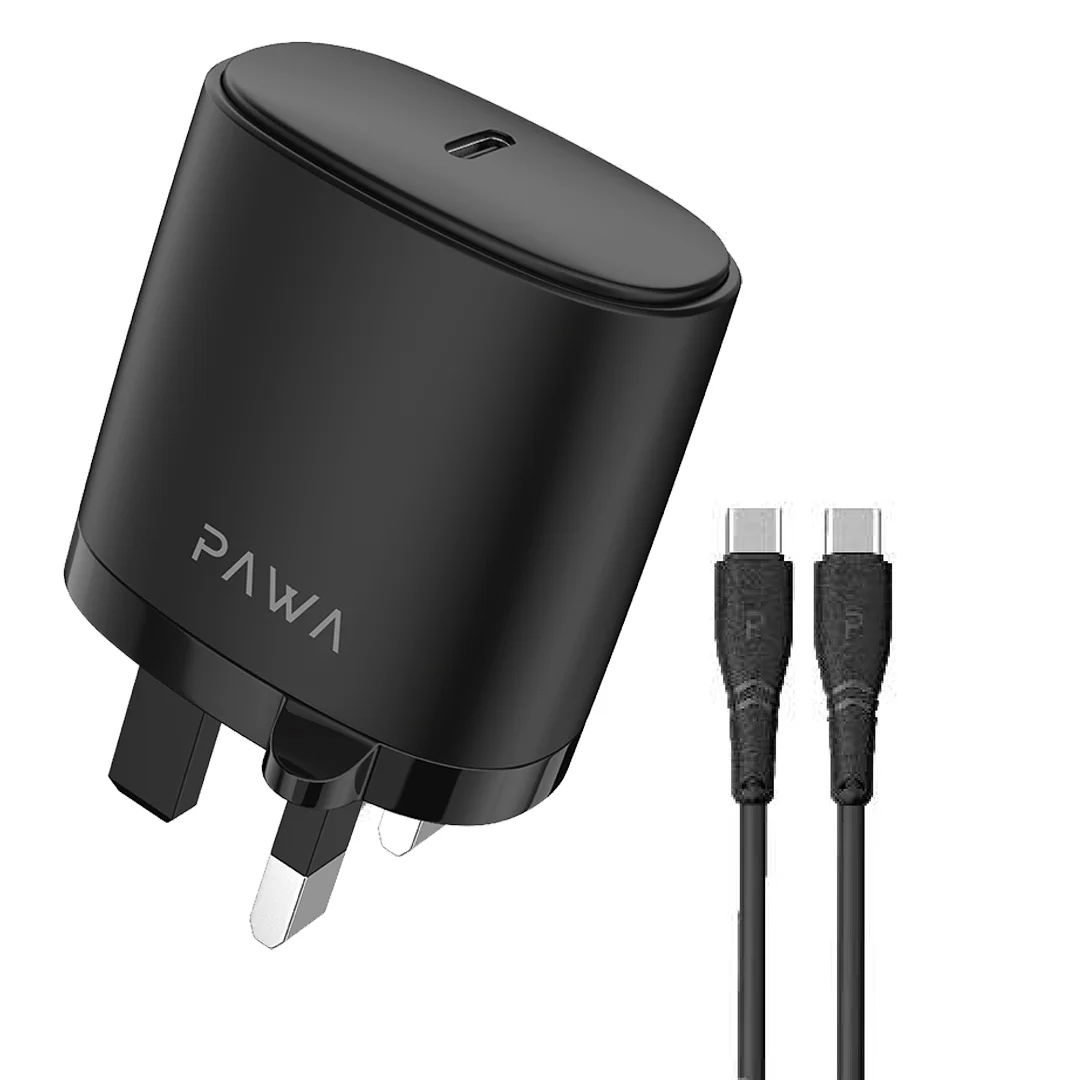 PAWA SOLID PD20W TRAVEL CHERGER TYPE C PORT INCLUDES TYPE C TO TYPE C CABLE BLACK PW-PDUKCC-BK