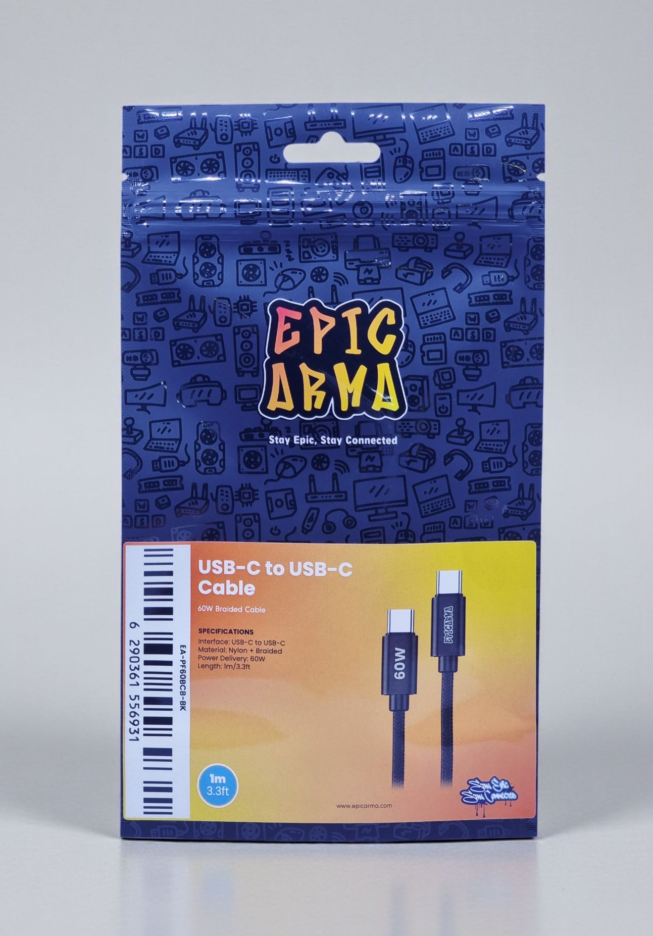 EAPICARMA 60W USB-C TO USB-C NYLON BRAIDED CABLE 1M BLACK EA-PF60BCB-BK