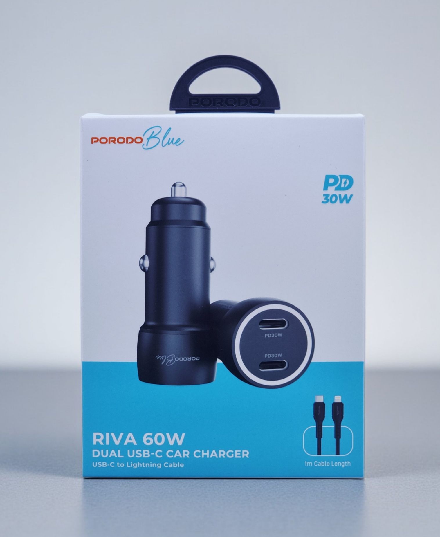 PORODO BLUE RIVA 60W DUAL USB C CAR CHARGER PD30W USB C TO LIGHTNING CABLE 1M BLACK PBCCR50LBK