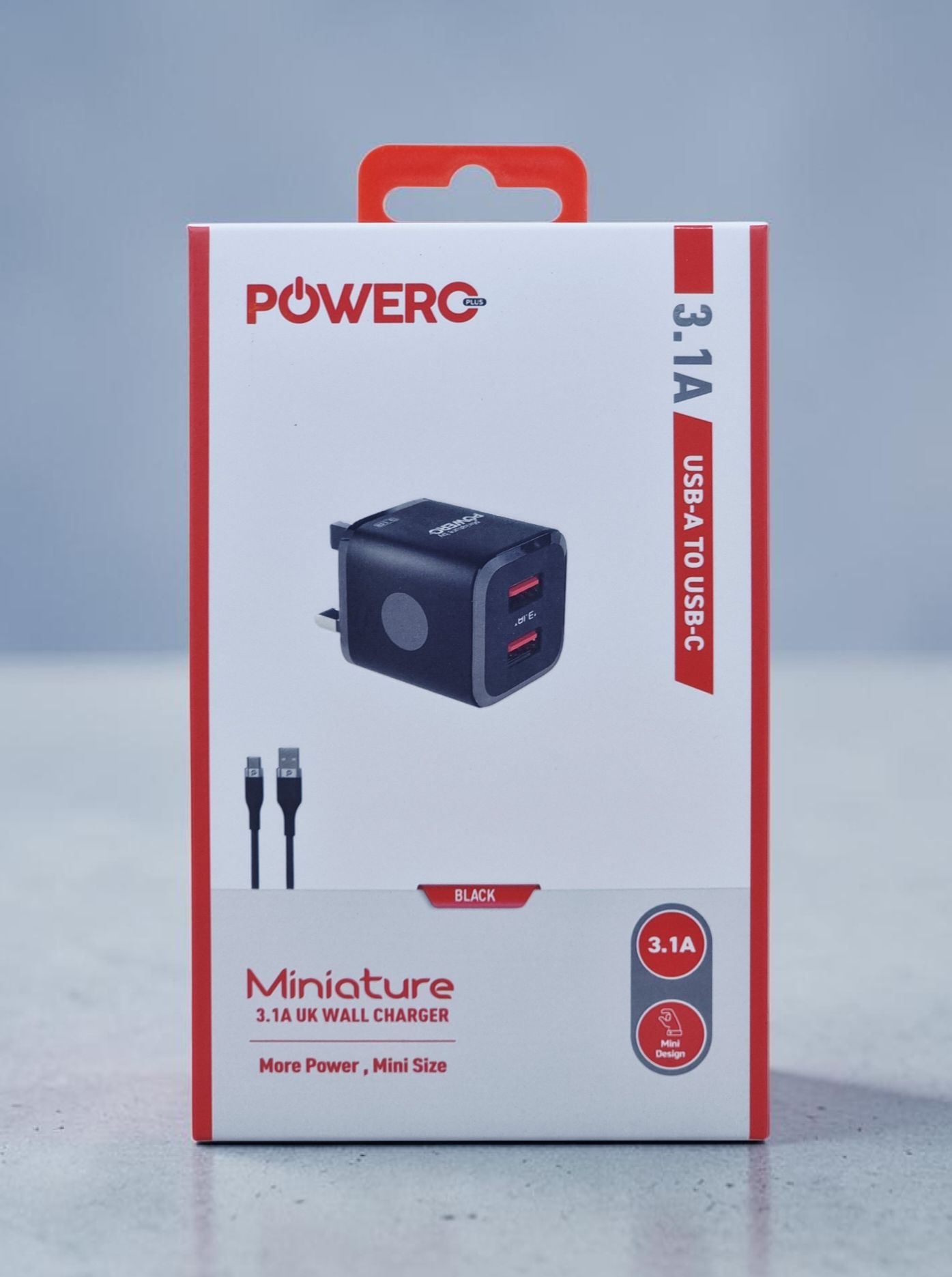 POWERO PLUS MINIATURE 3.1A USB A TO USB C UK WALL CHARGER WITH TYPE C CABLE BLACK PR-TCUK31T-BK