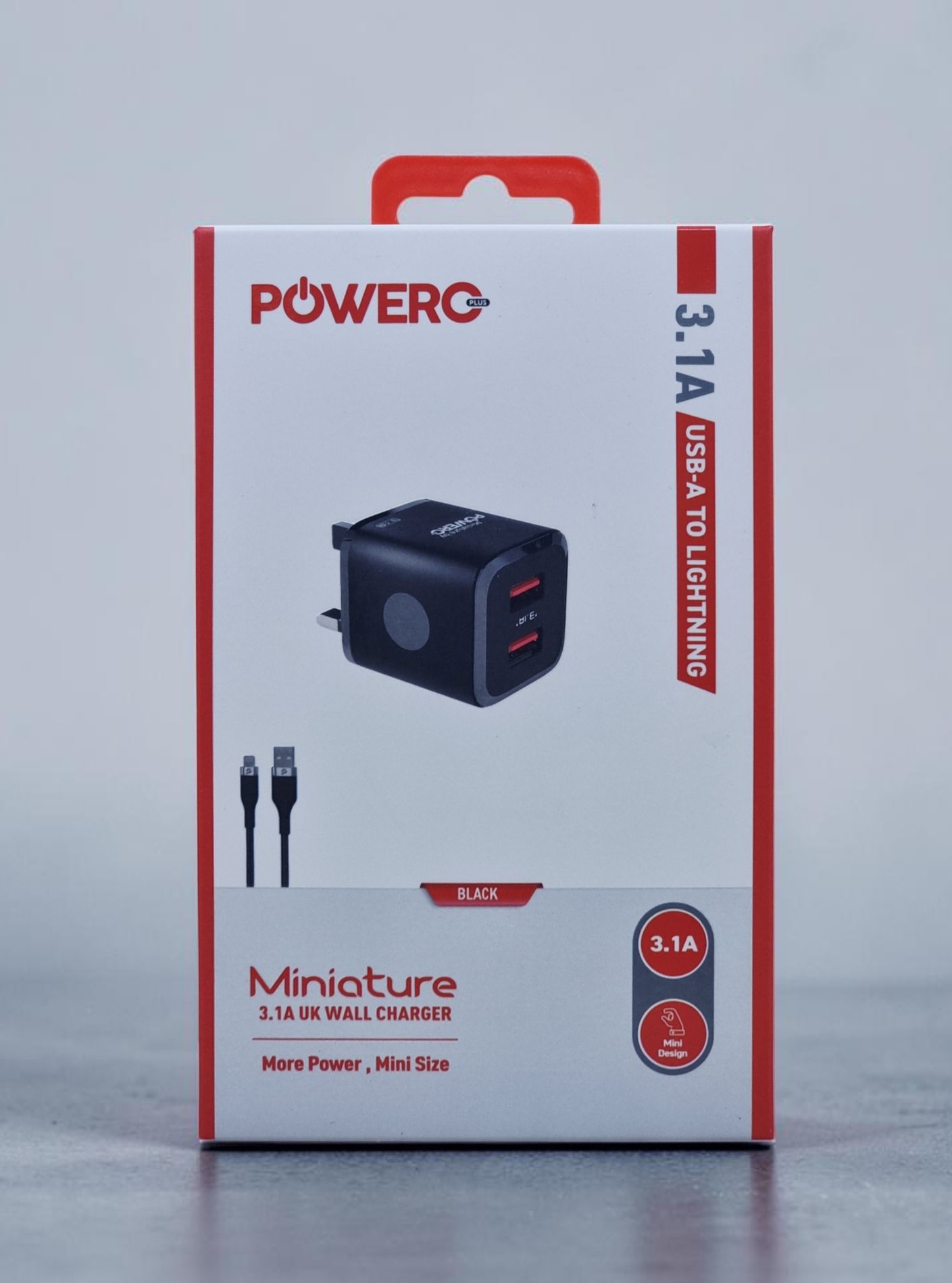 POWERO PLUS MINIATURE 3.1A USB A TO LIGHTNING UK WALL CHARGER WITH LIGHTNING CABLE BLACK PR-TCUK31L-BK
