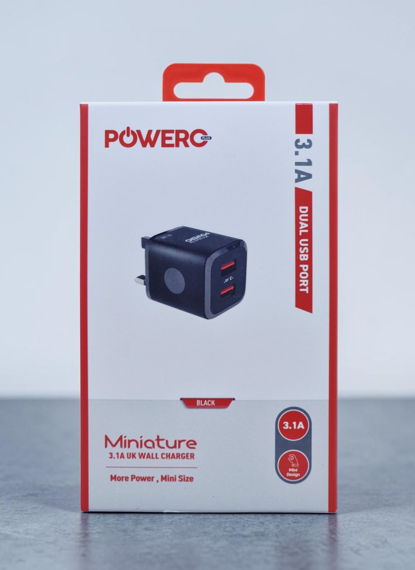 POWERO PLUS MINIATURE 3.1A DUAL USB PORT UK WALL CHARGER BLACK PR-TCUK31-BK