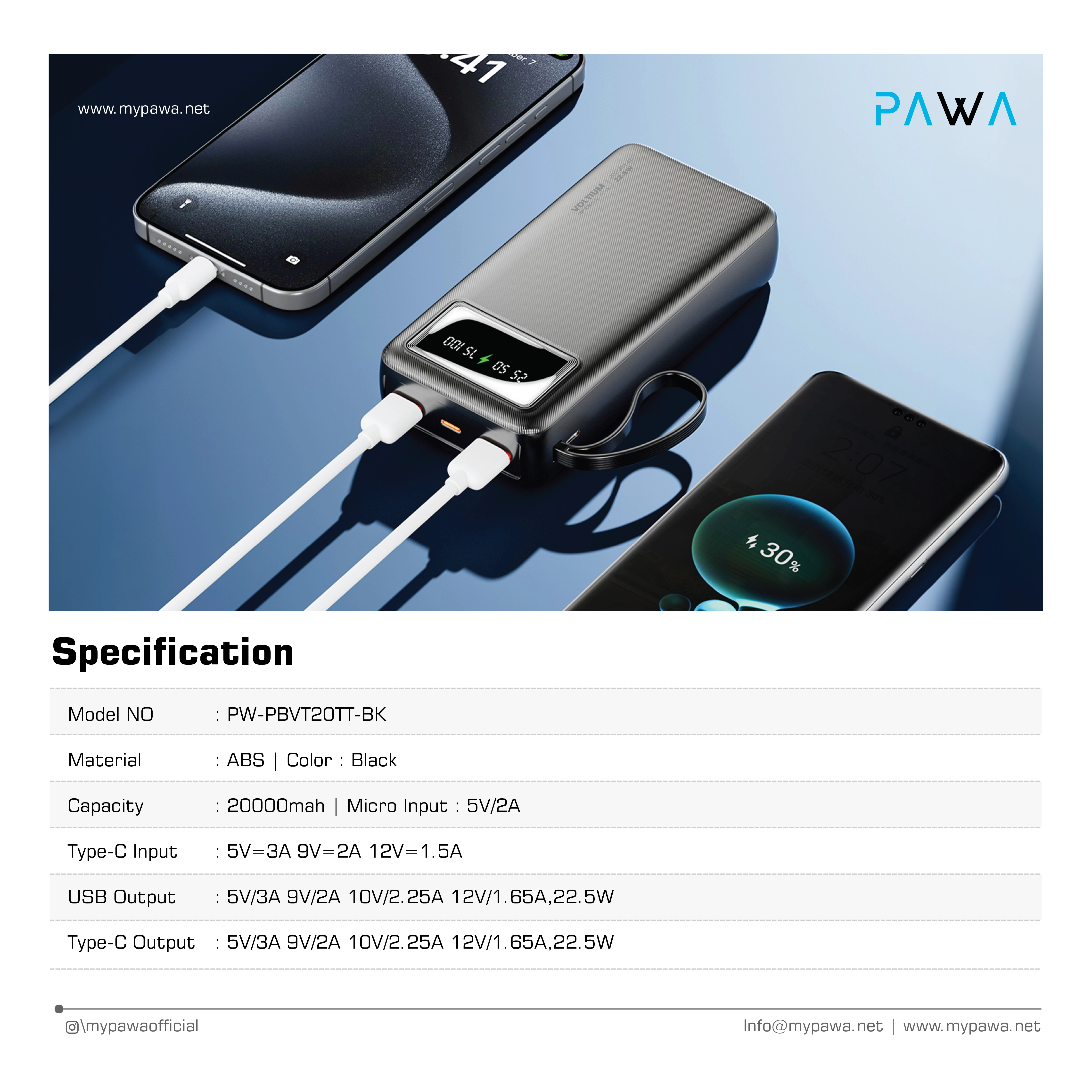 PAWA LITE VOLTIUM 20000MAH CAPACITY POWER BANK 22.5W BLACK PW-PBVT20TT-BK thumbnail 3