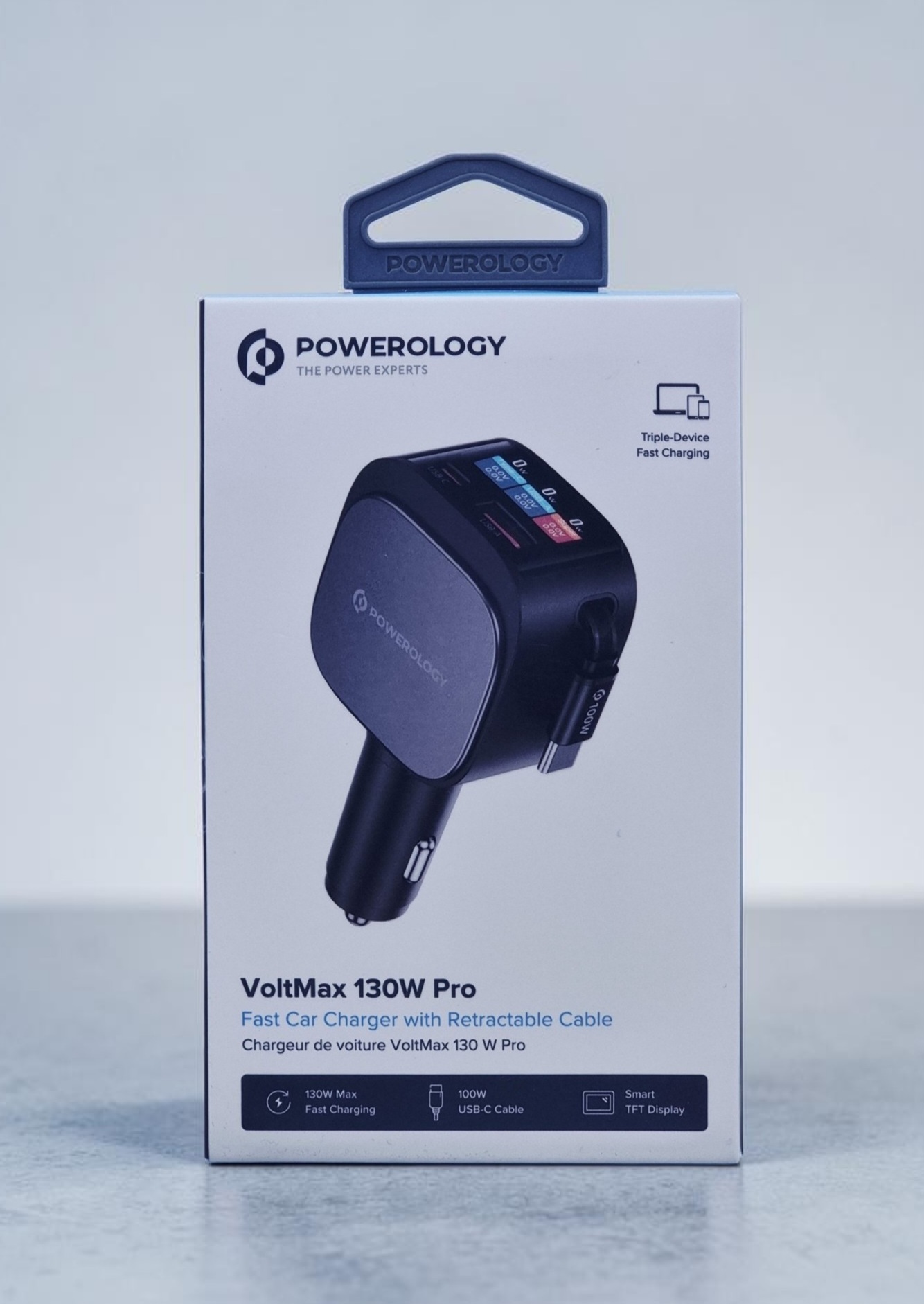 POWEROLOGY VOLTMAX 130W PRO FAST CAR CHARGER WITH RETRACTABLE CABLE BLACK PCCSR028BK