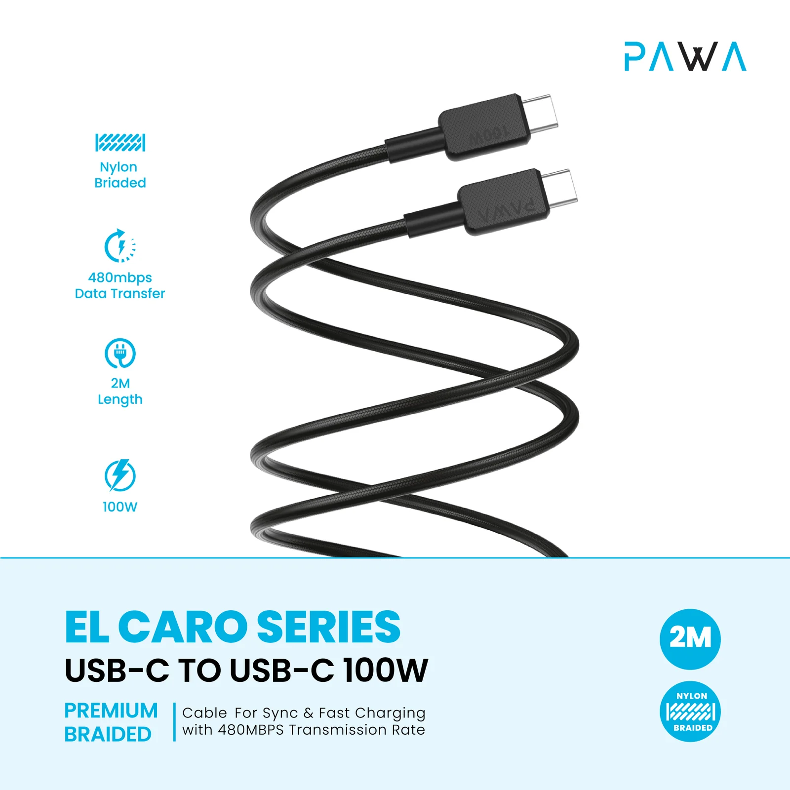 PAWA EL CARO SERIES USB C TO USB C 100W PREMIUM BRAIDED CABLE 2M BLACK PW-20B100CC-BK thumbnail 3