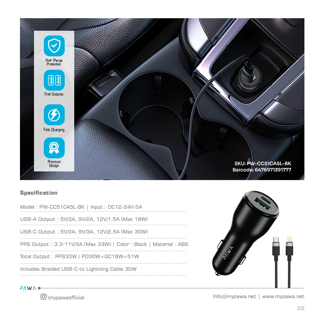 PAWA SOLID CAR CHARGER DUAL PORT PD+QC WITH BRAIDED USB C TO LIGHTNING CABLE 51W BLACK PW-CC51CA5L-BK thumbnail 4