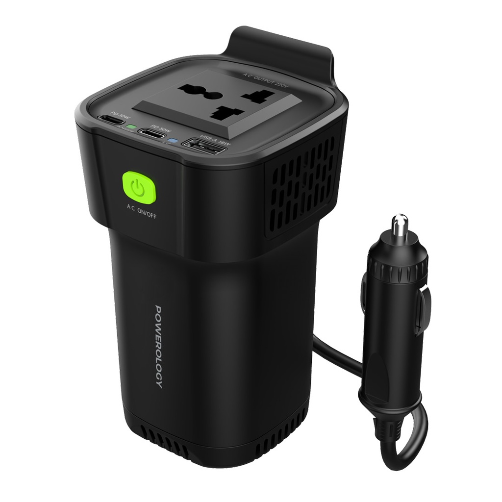 POWEROLOGY POWER INVERTER CUP HOLDER 150W 30 PD DUAL USB C & USB A QC3.0 BLACK P150INVBK