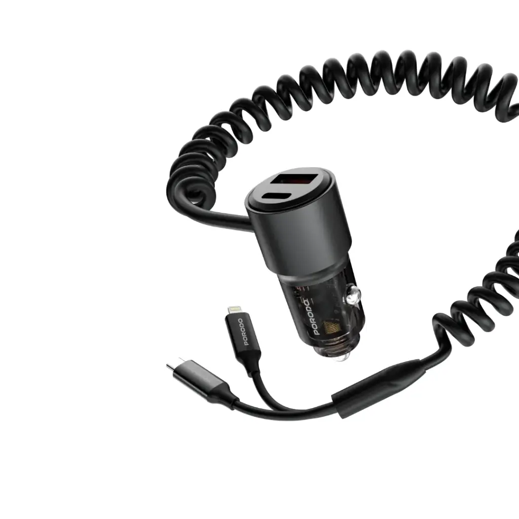 PORODO 95W CAR CHARGER INTEGRATED COILED TYPE C AND LIGHTNING CABLE BLACK PD-FWCH047-BK