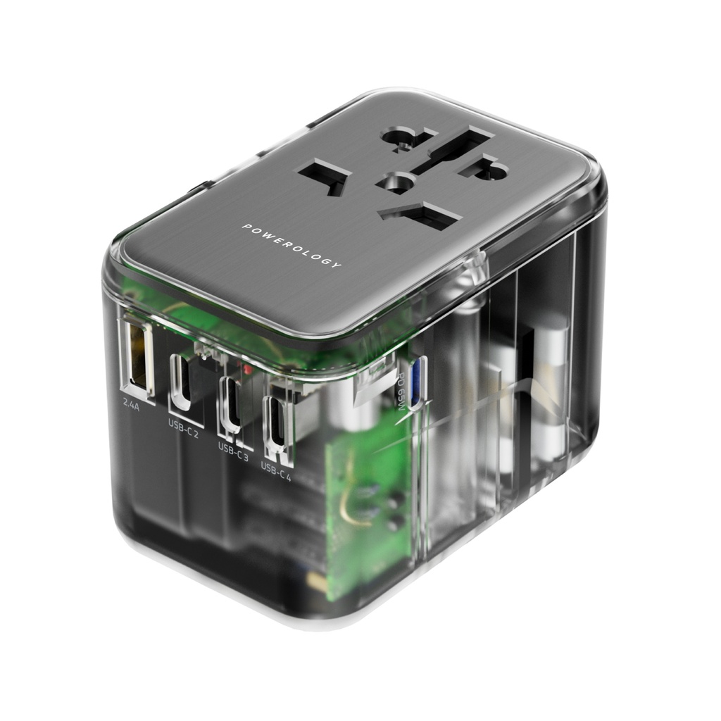 POWEROLOGY UNIVERSAL MULTI-PORT TRAVEL ADAPTER PD 65W- TRANSPARENT