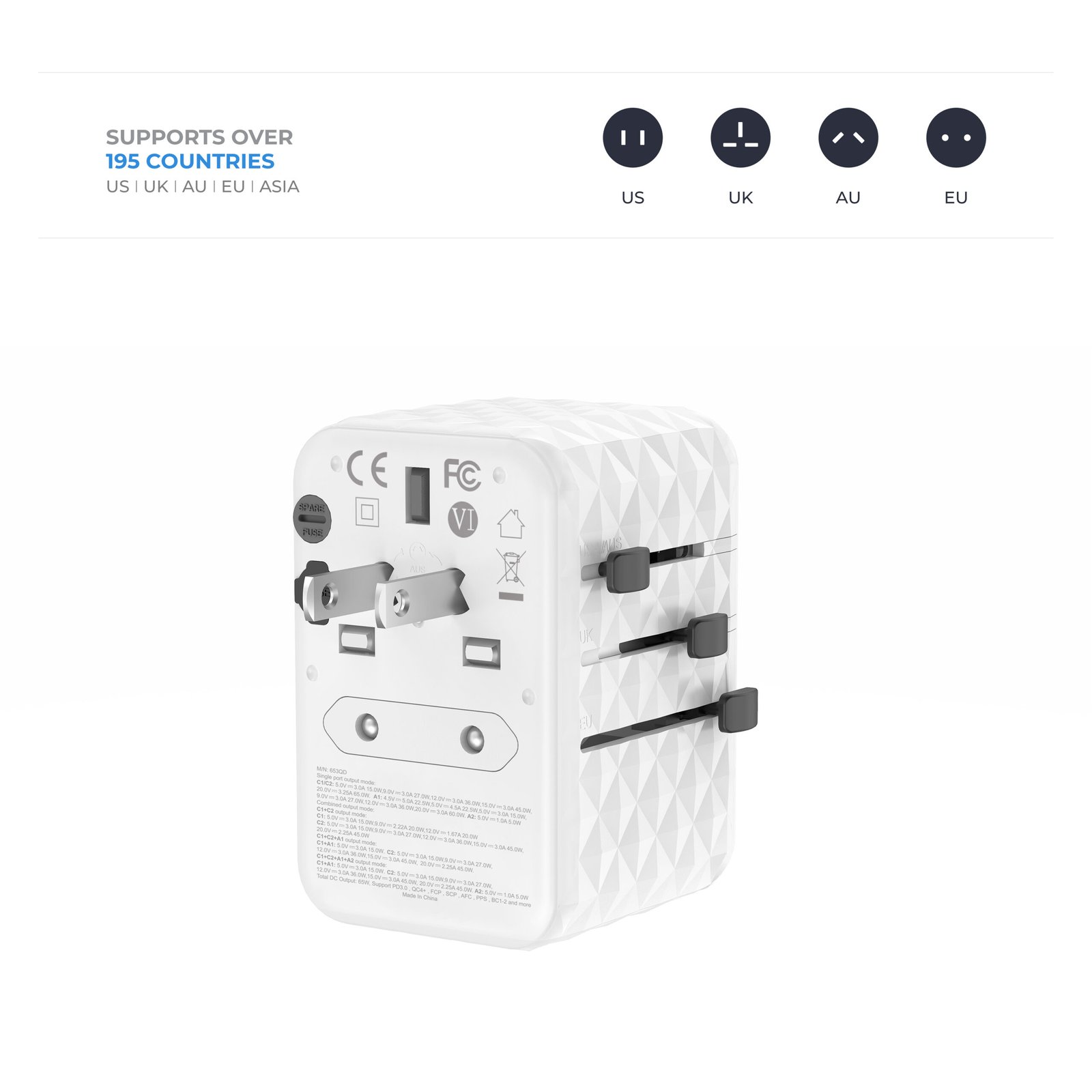 BLUPEBBLE PASSPORT 2.1 WORLD TRAVEL ADAPTER WITH PD 65W + 2 USB-C + 2USB-A thumbnail 11