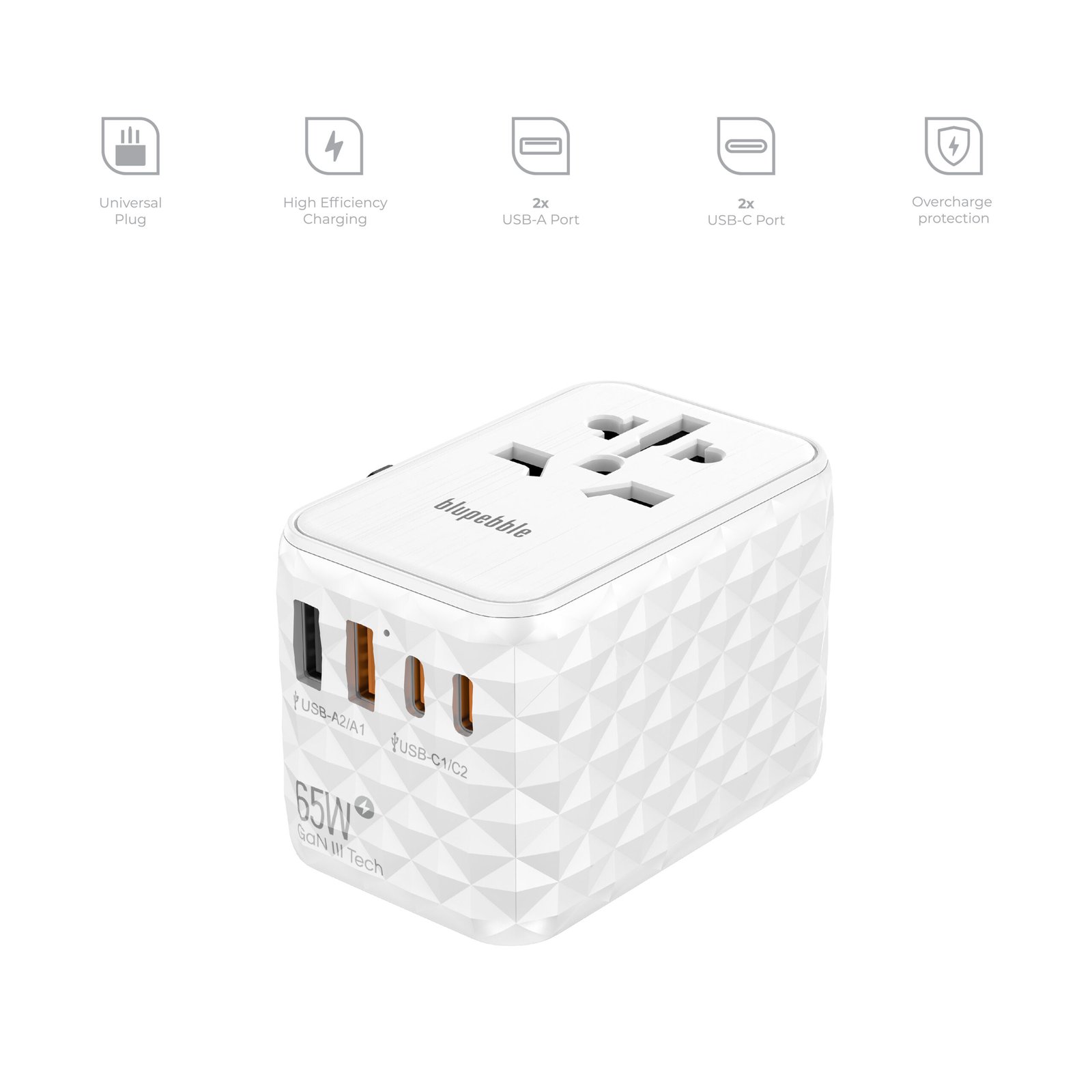 BLUPEBBLE PASSPORT 2.1 WORLD TRAVEL ADAPTER WITH PD 65W + 2 USB-C + 2USB-A thumbnail 9