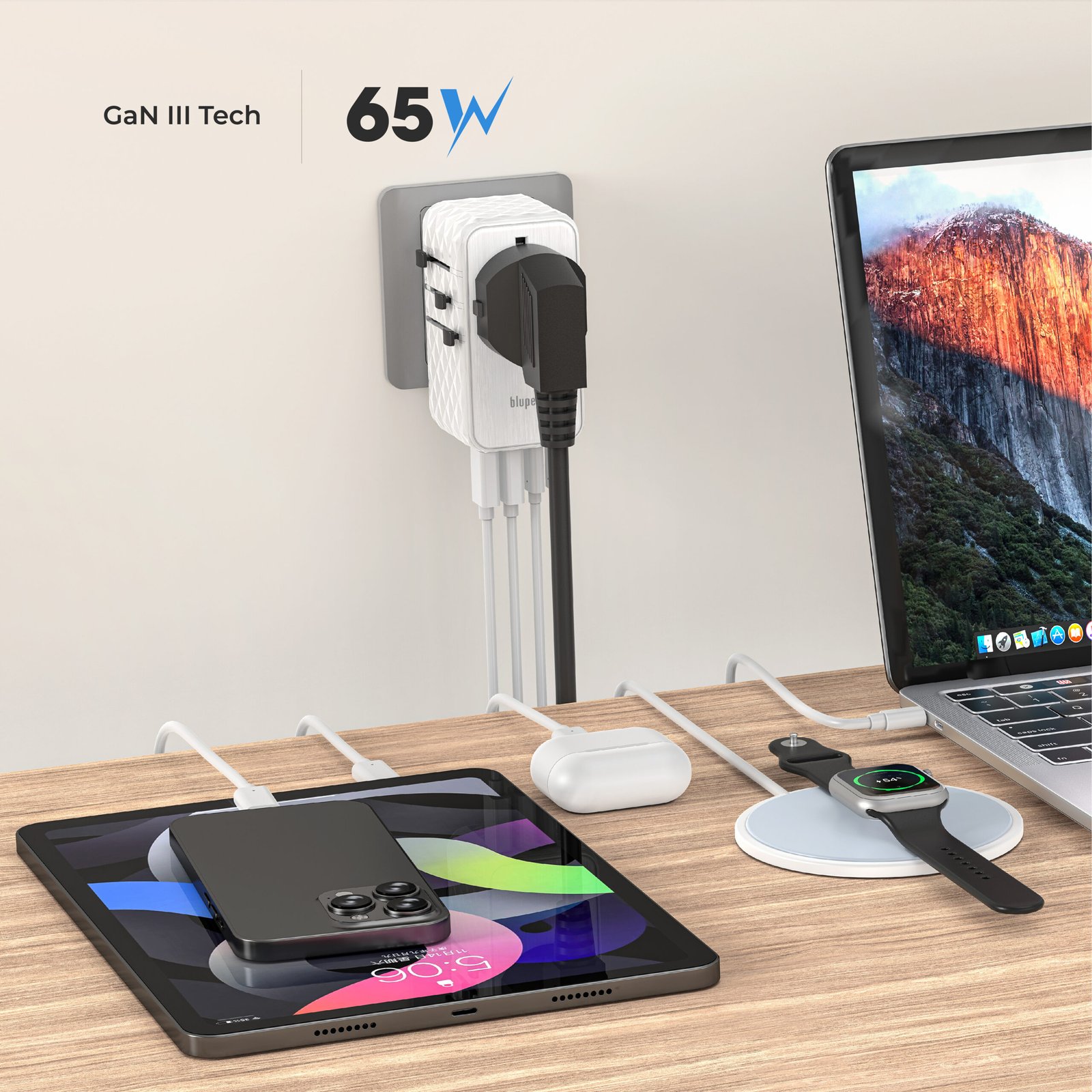 BLUPEBBLE PASSPORT 2.1 WORLD TRAVEL ADAPTER WITH PD 65W + 2 USB-C + 2USB-A thumbnail 8