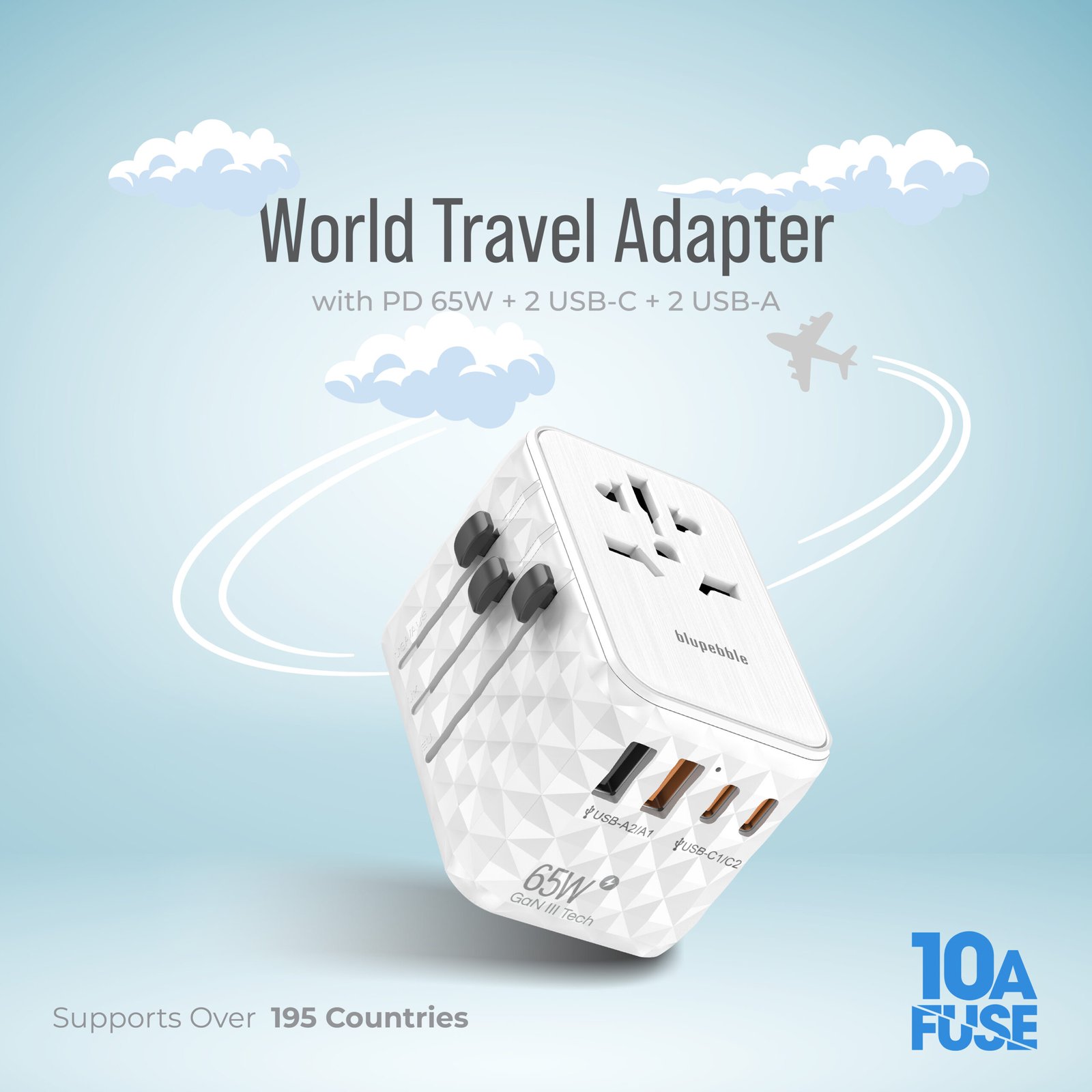 BLUPEBBLE PASSPORT 2.1 WORLD TRAVEL ADAPTER WITH PD 65W + 2 USB-C + 2USB-A thumbnail 7
