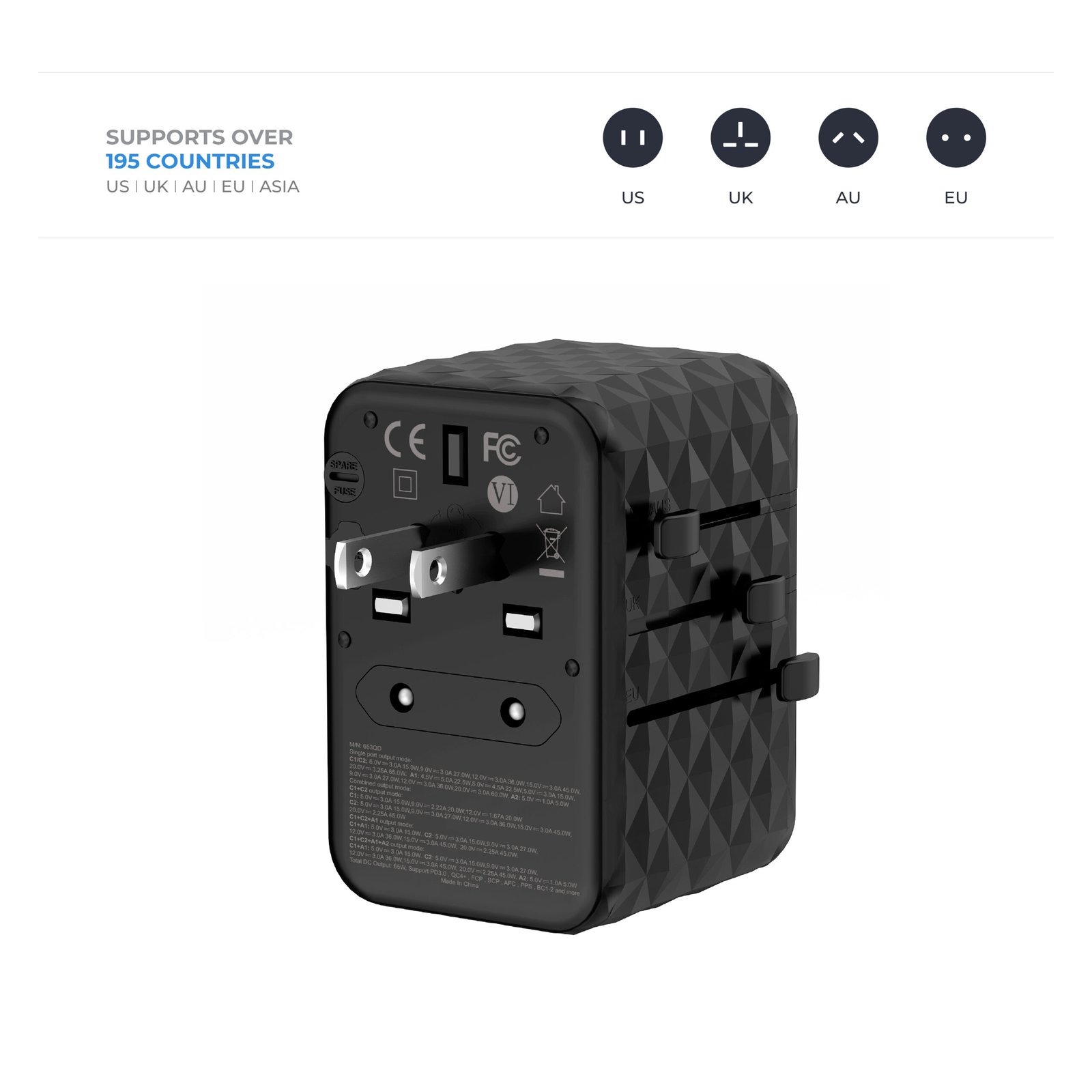 BLUPEBBLE PASSPORT 2.1 WORLD TRAVEL ADAPTER WITH PD 65W + 2 USB-C + 2USB-A thumbnail 4
