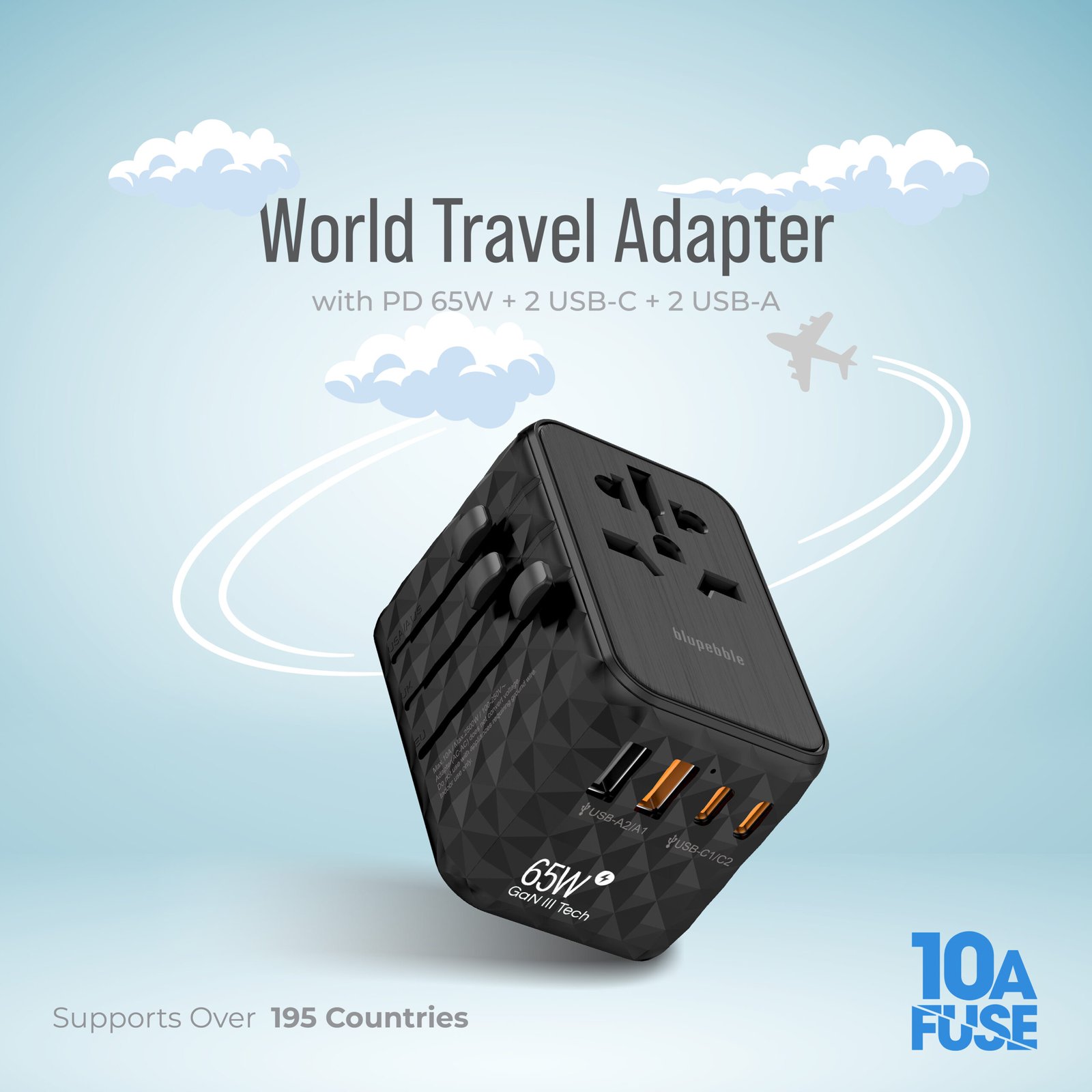 BLUPEBBLE PASSPORT 2.1 WORLD TRAVEL ADAPTER WITH PD 65W + 2 USB-C + 2USB-A thumbnail 12