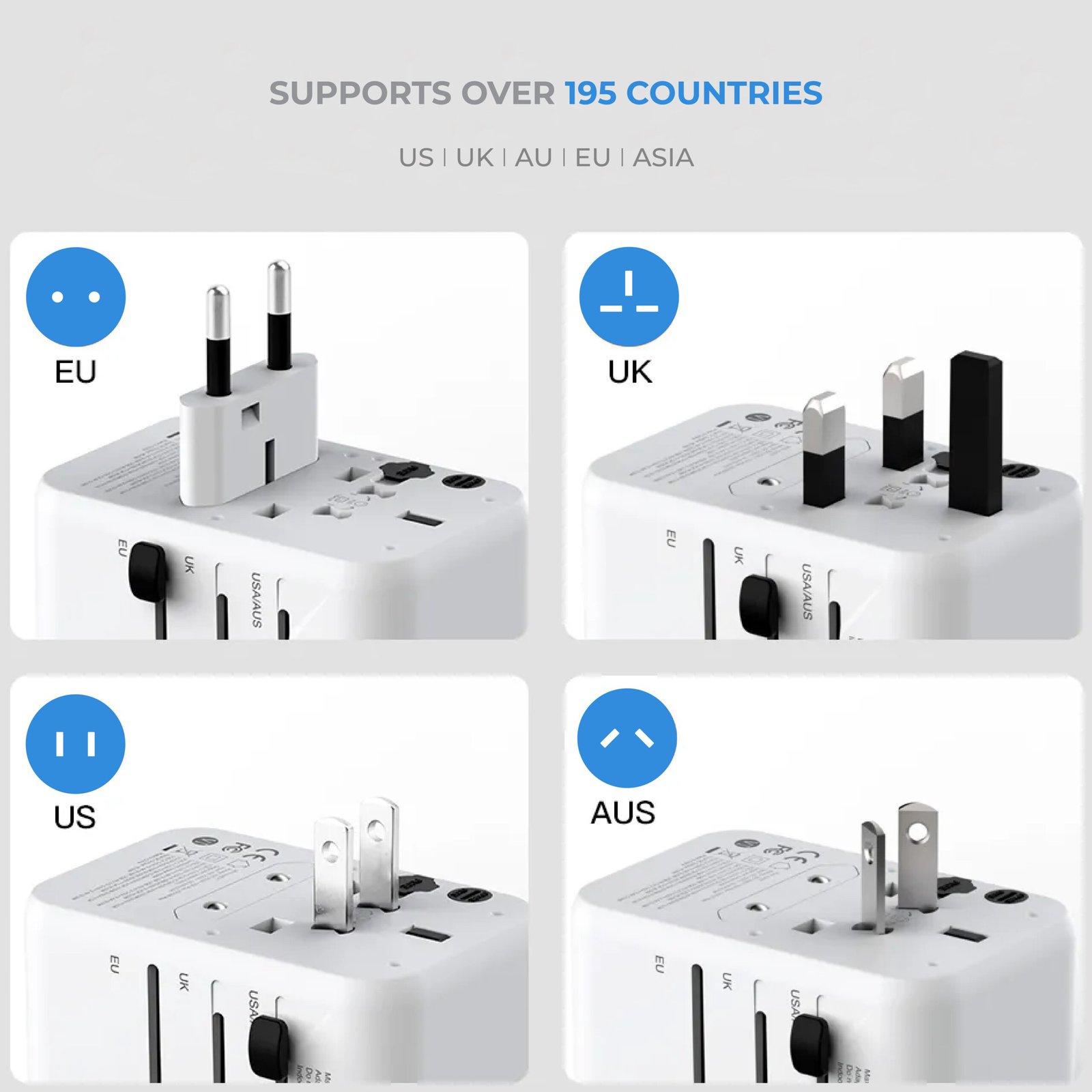 BLUPEBBLE PASSPORT 3.1 WORLD TRAVEL ADAPTER WITH PD 20W + 1 USB-C + 2USB-A thumbnail 7