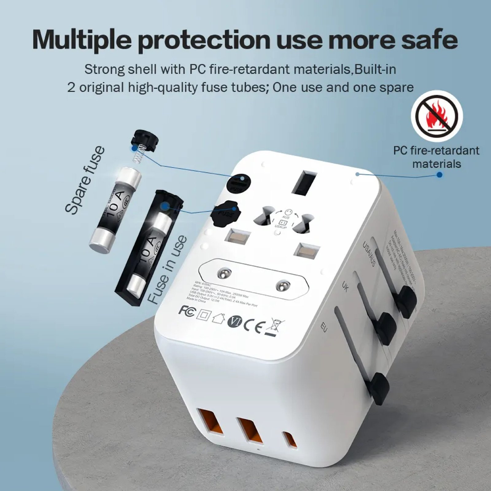 BLUPEBBLE PASSPORT 3.1 WORLD TRAVEL ADAPTER WITH PD 20W + 1 USB-C + 2USB-A thumbnail 6