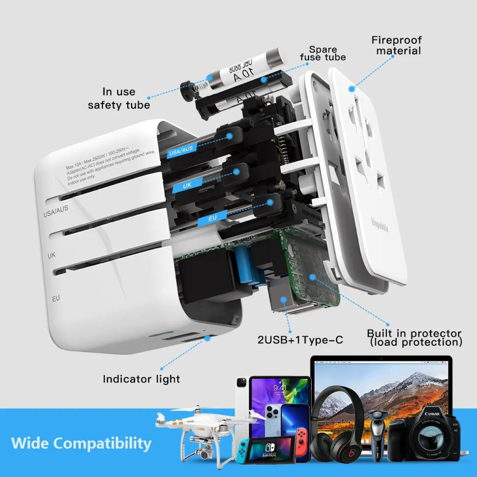 BLUPEBBLE PASSPORT 3.1 WORLD TRAVEL ADAPTER WITH PD 20W + 1 USB-C + 2USB-A thumbnail 5