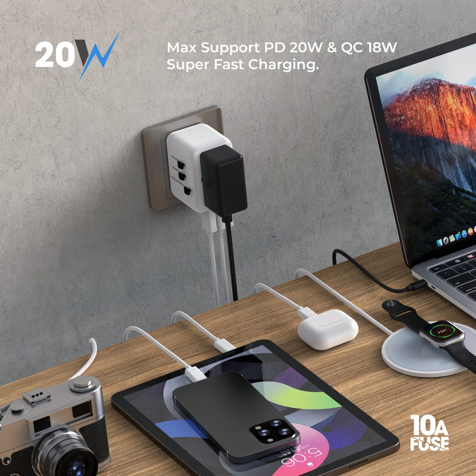 BLUPEBBLE PASSPORT 3.1 WORLD TRAVEL ADAPTER WITH PD 20W + 1 USB-C + 2USB-A thumbnail 3