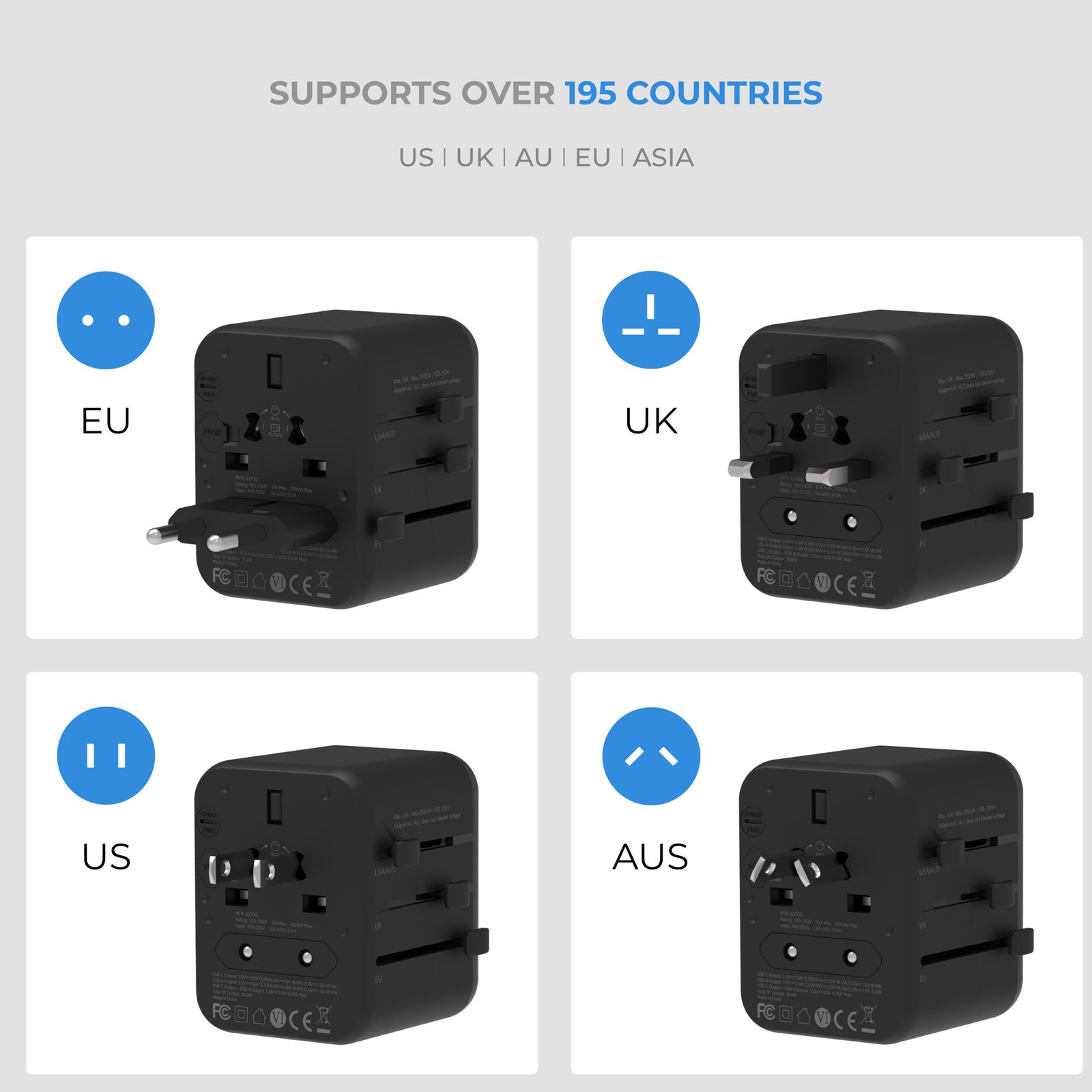 BLUPEBBLE PASSPORT 3.1 WORLD TRAVEL ADAPTER WITH PD 20W + 1 USB-C + 2USB-A thumbnail 11