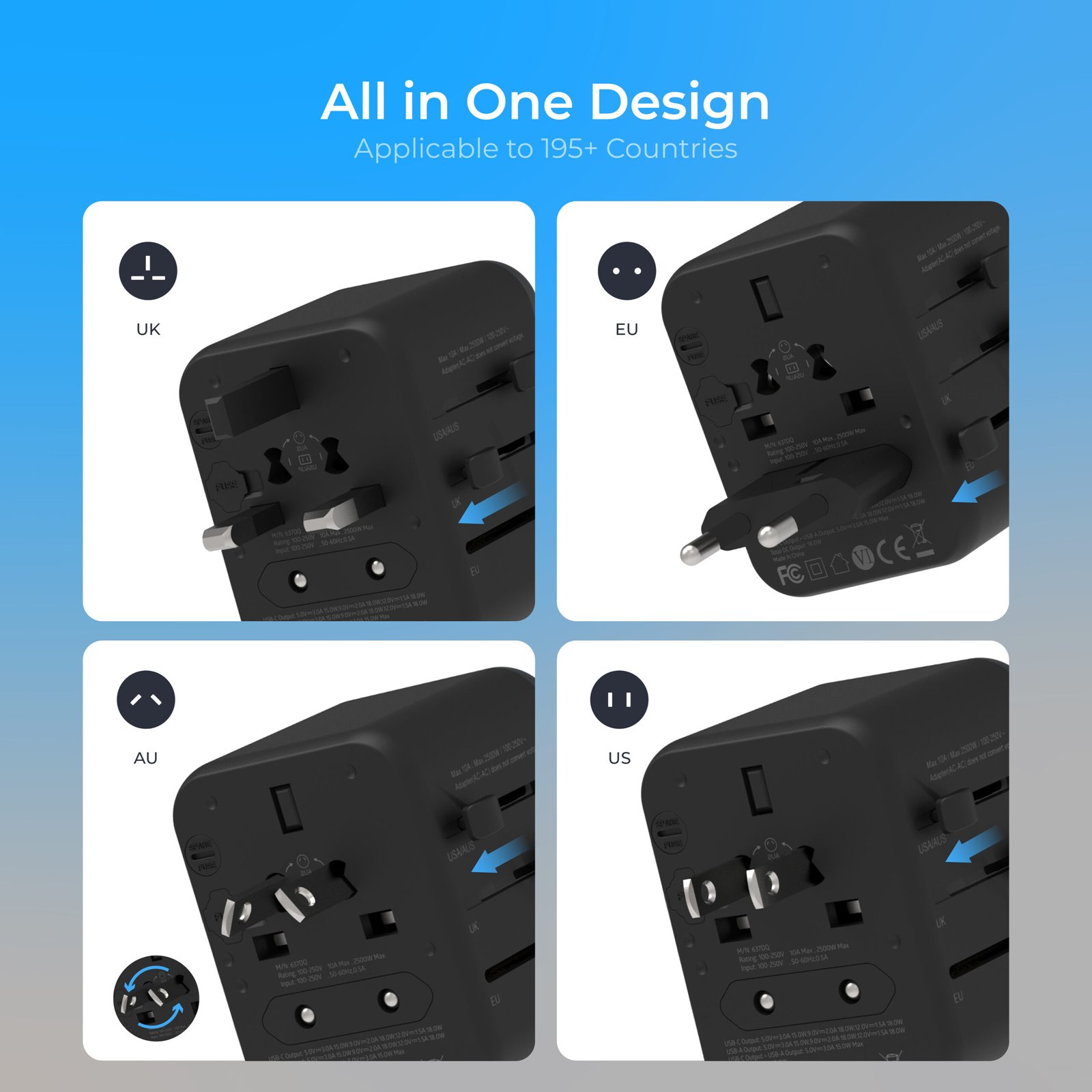 BLUPEBBLE PASSPORT 3.1 WORLD TRAVEL ADAPTER WITH PD 20W + 1 USB-C + 2USB-A thumbnail 12