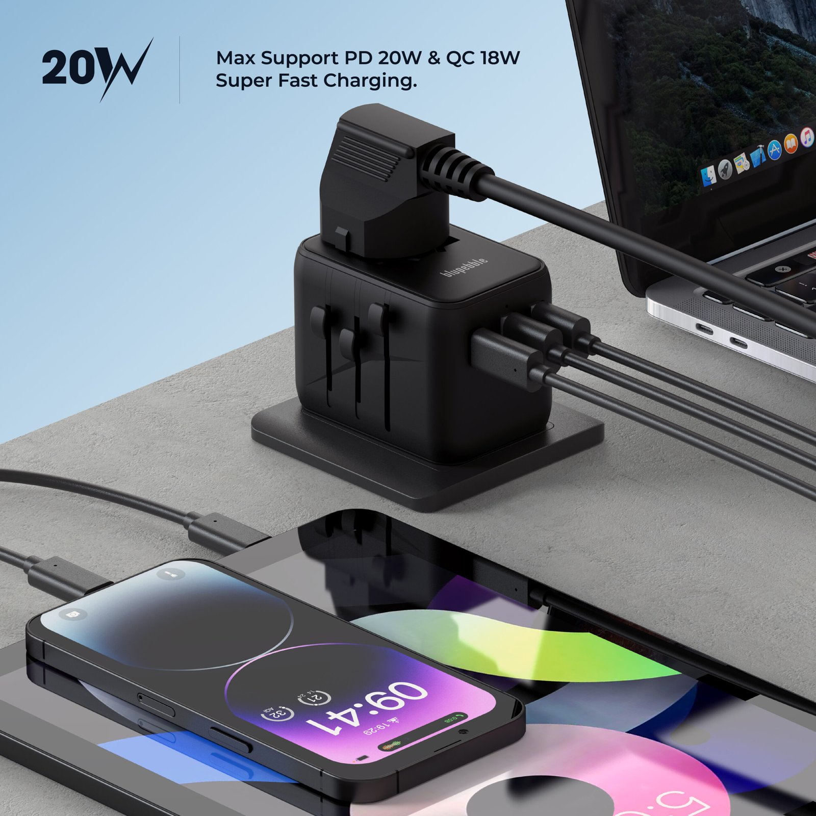 BLUPEBBLE PASSPORT 3.1 WORLD TRAVEL ADAPTER WITH PD 20W + 1 USB-C + 2USB-A thumbnail 8