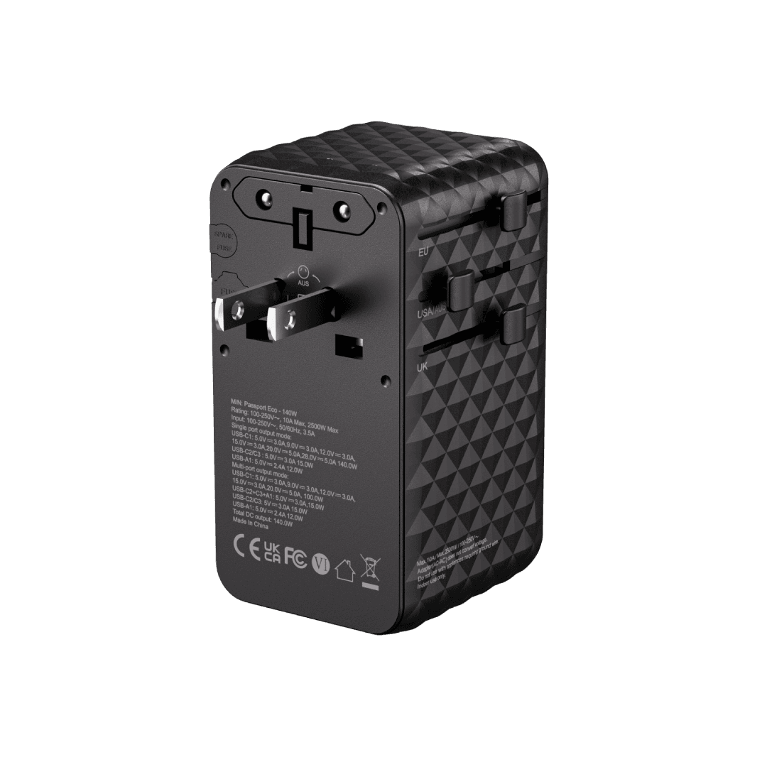 BLUPEBBLE PASSPORT 7 WORLD TRAVEL ADAPTER WITH GAN TECH 140W+2 USB-C+1 USB-A W CABLE BP-TVL007-BK thumbnail 4
